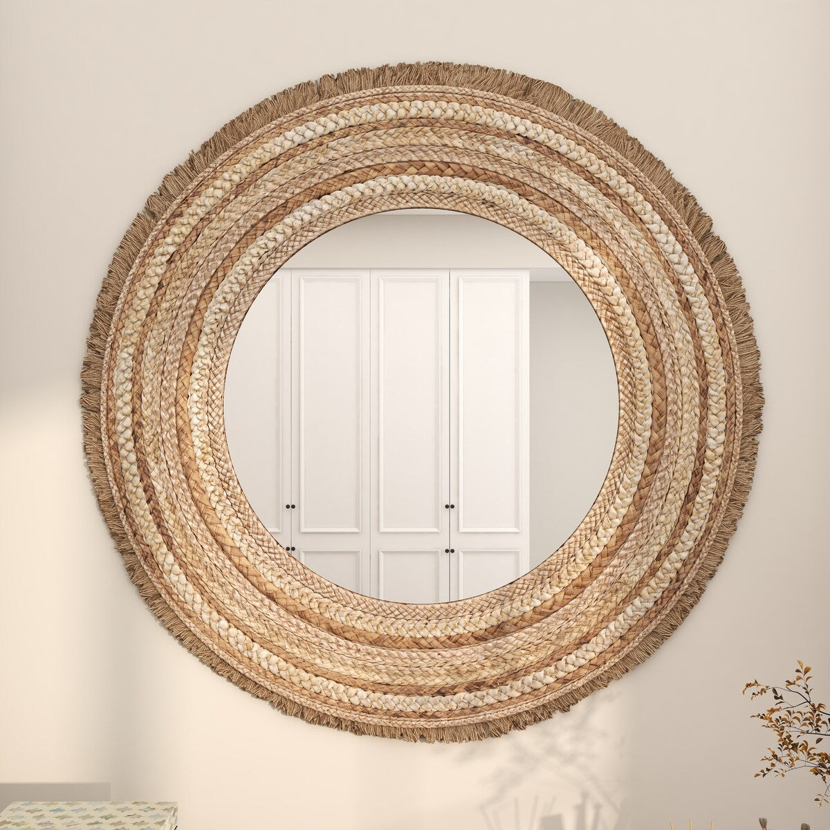 Wooden Woven Room Wall Mirror with Fringe Ends - Beige - Roche River Decor