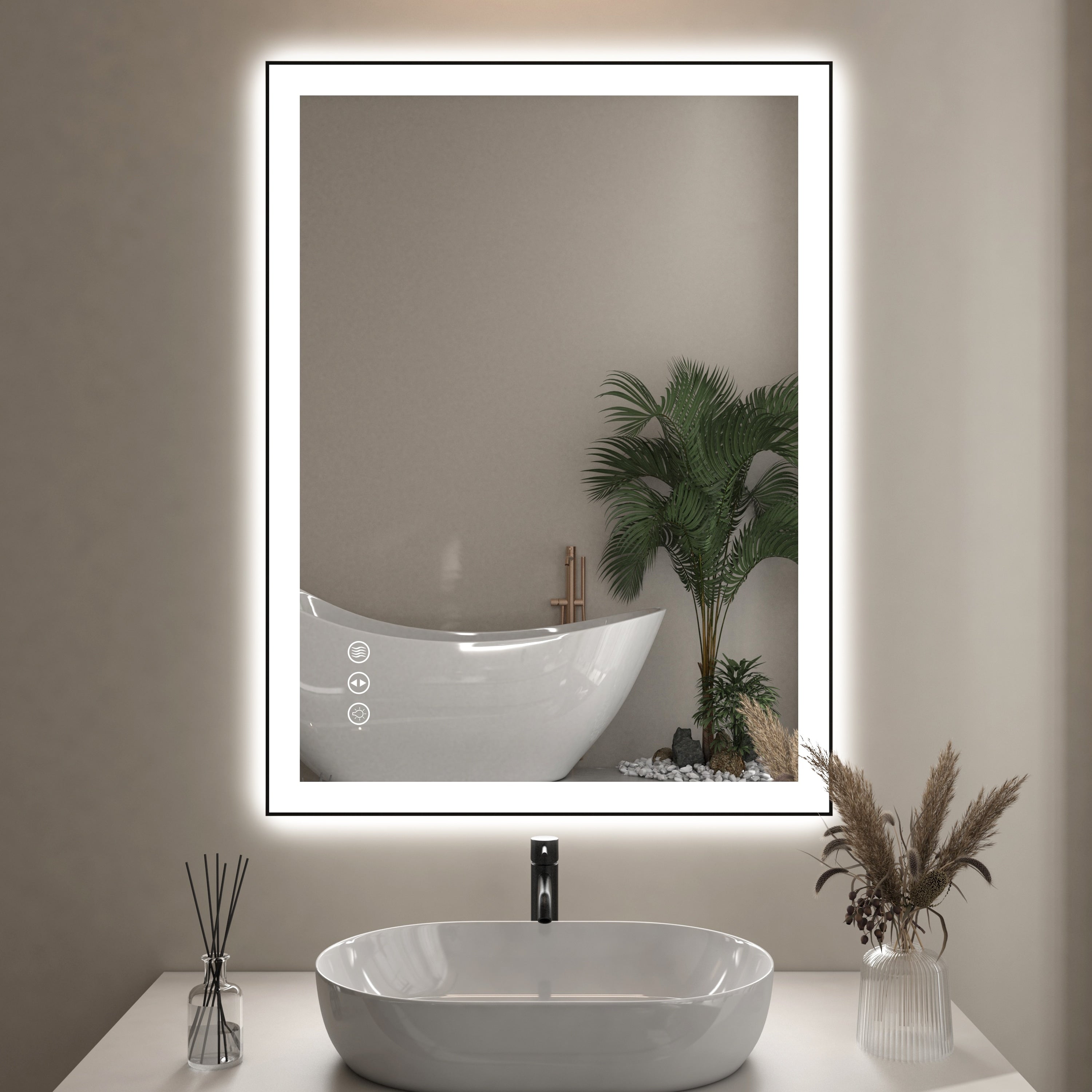 Rectangular Aluminum Framed Backlit and Front Light LED Wall Bathroom Vanity Mirror in Black - N/A