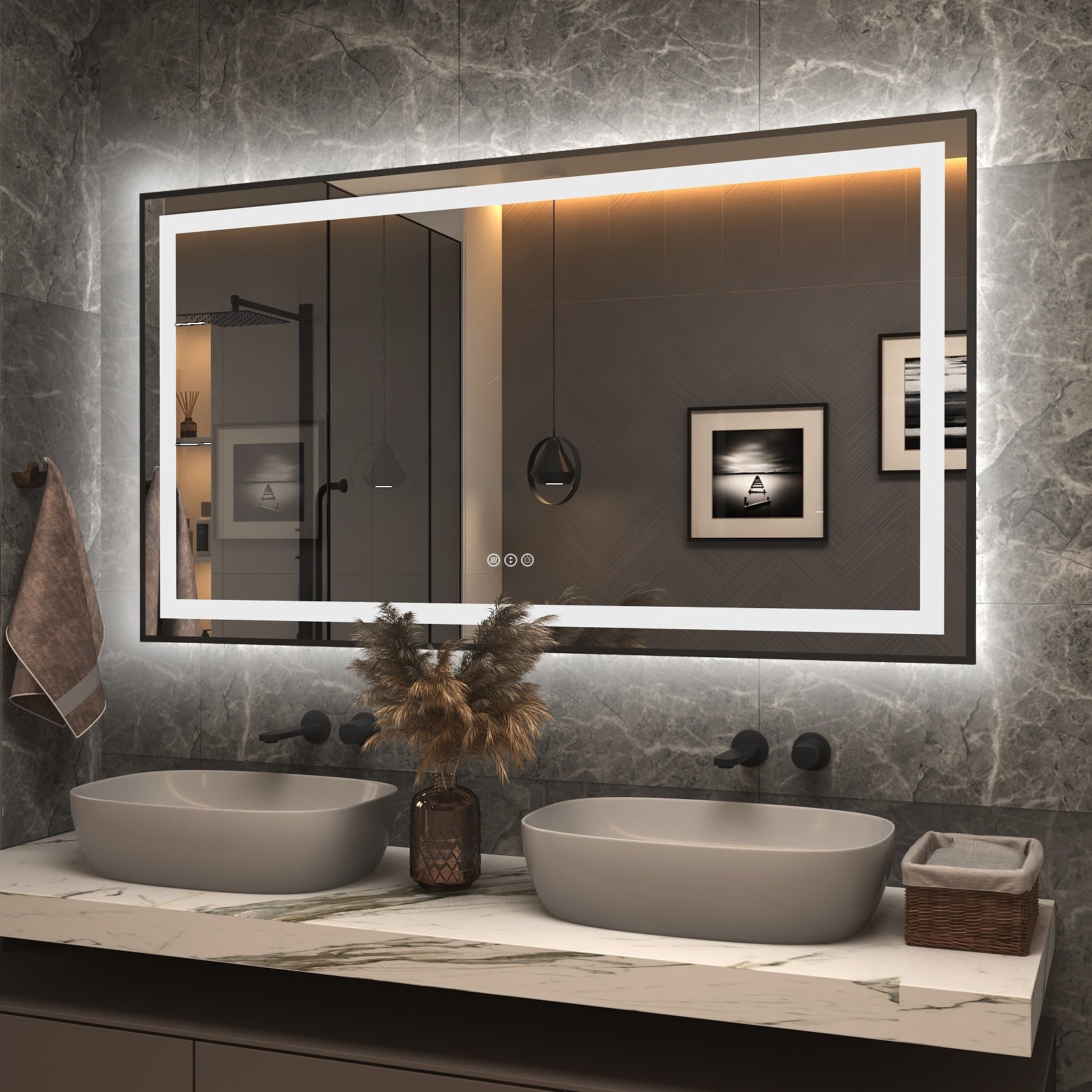 KIOTEE Super Bright Front & Back LED Lighted Anti-Fog Wall Bathroom Vanity Mirror in Tempered Glass