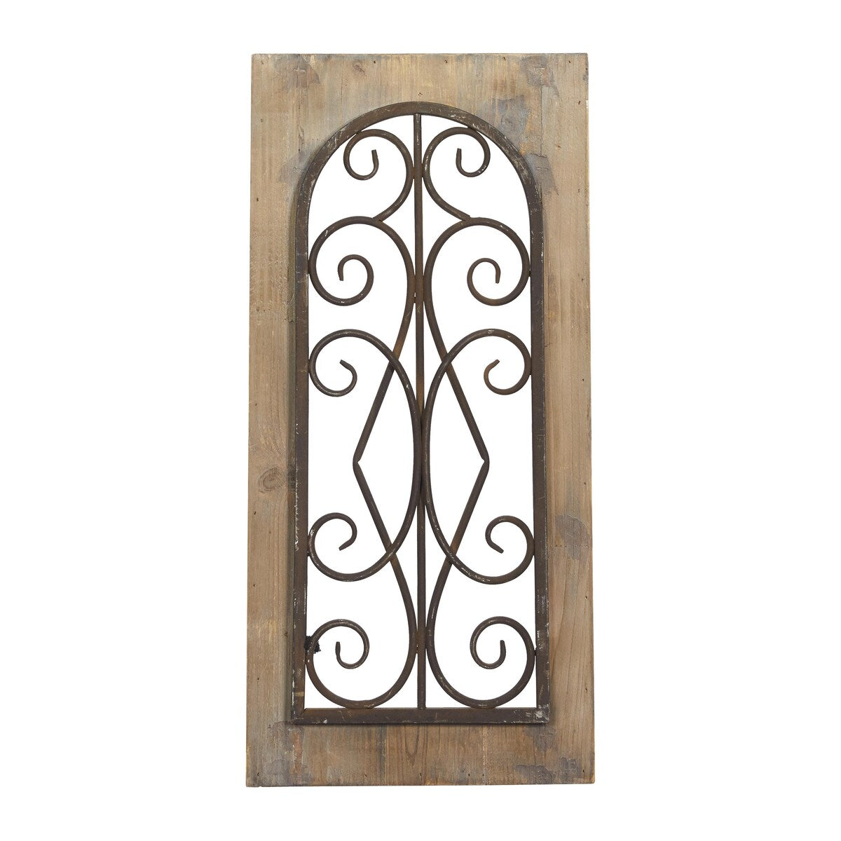 Wood Scroll Window Inspired Home Wall Decor with Metal Scrollwork Relief - Brown - Roche River Decor