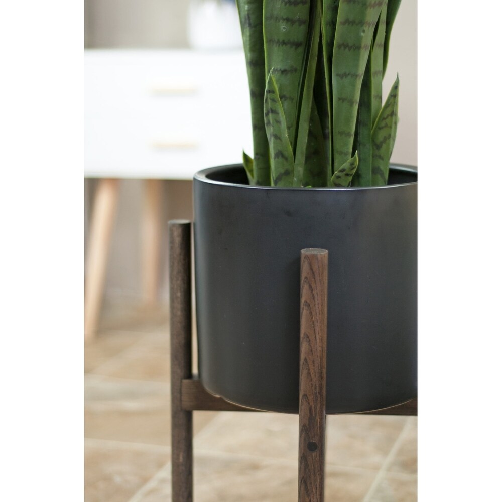 Large Ceramic Pot 10 Black with Wood Stand Ebony Color - 8' x 10'