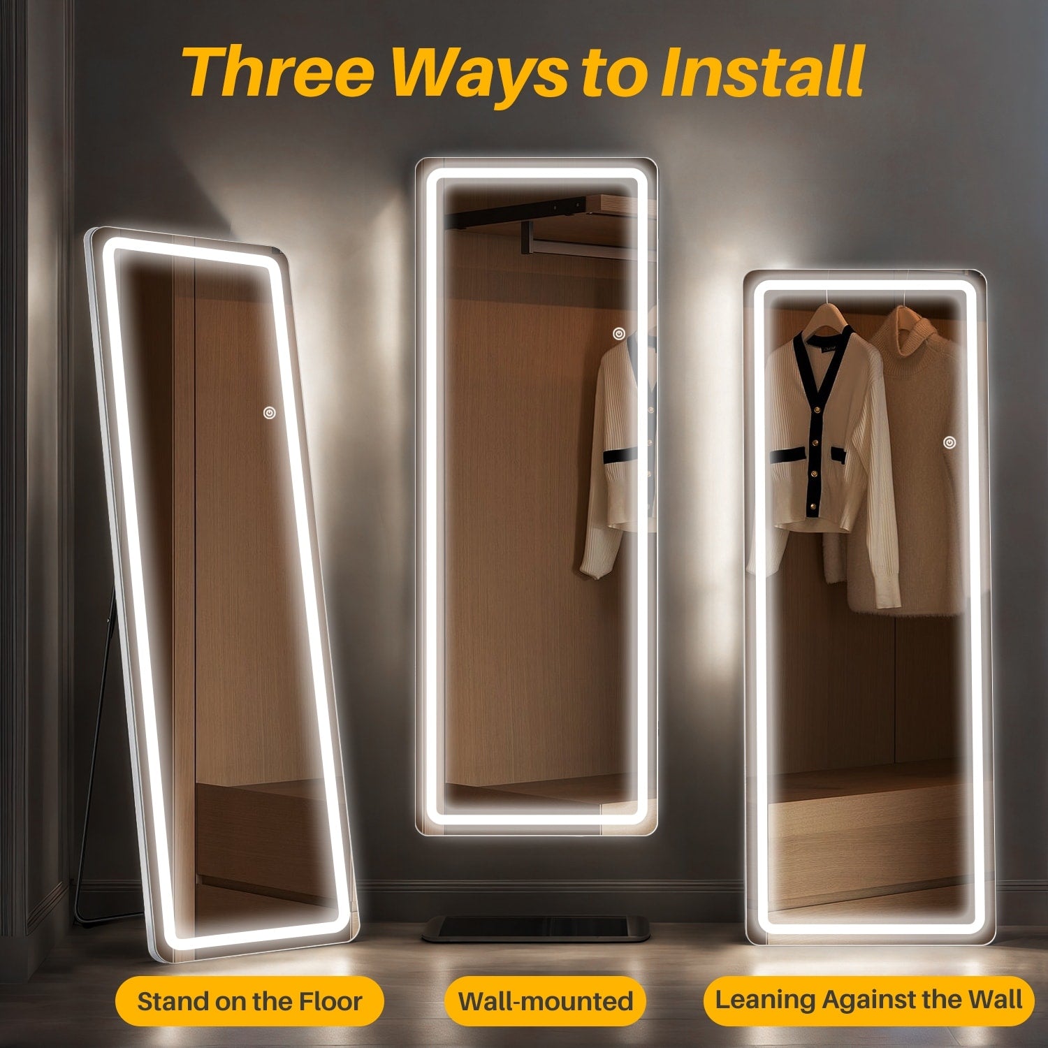 Full Length Mirror with Lights, 64x21 LED Full Body Mirror, Free Standing Lighted Floor Mirror, 3 Color Lighting