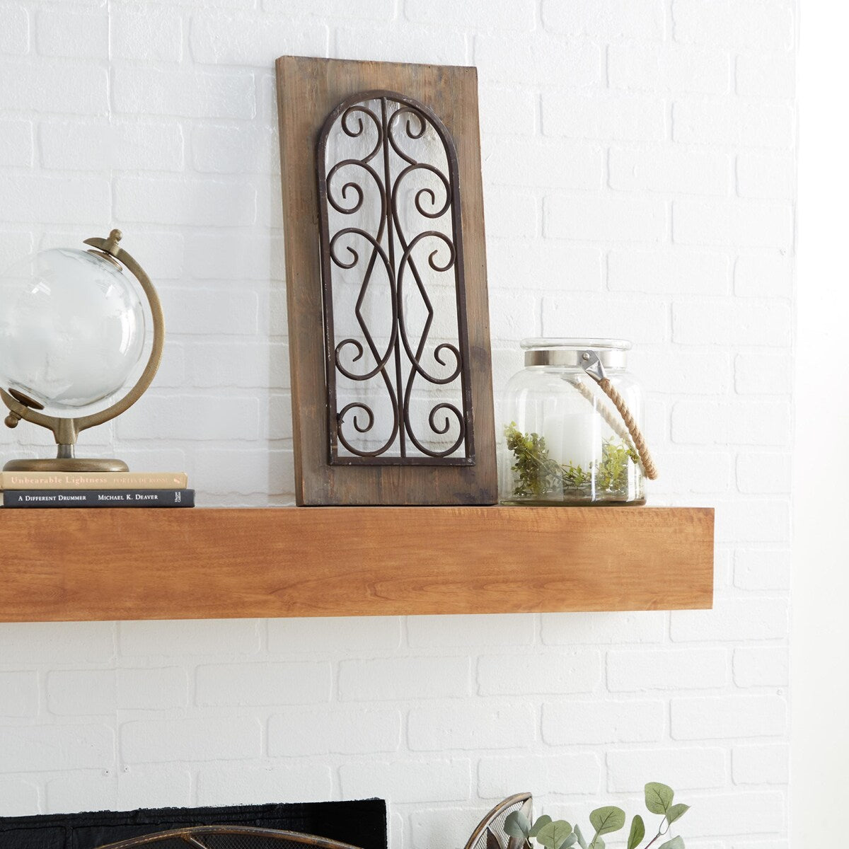 Wood Scroll Window Inspired Home Wall Decor with Metal Scrollwork Relief - Brown - Roche River Decor