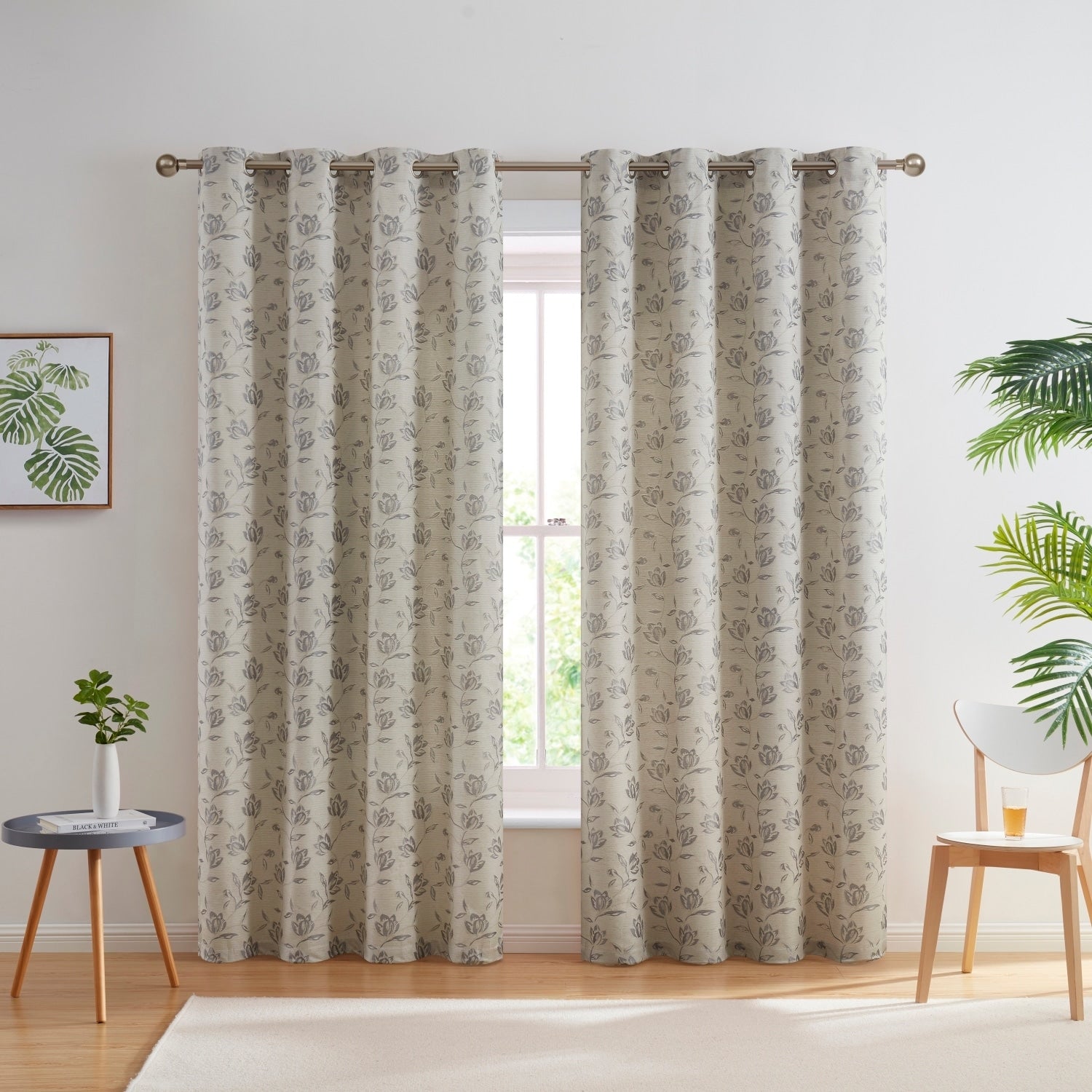 HLC.me Zoey Burlap Flax Linen Floral Jacquard Light Filtering Transparent WindowGrommet Curtain Panels, 2 Panels