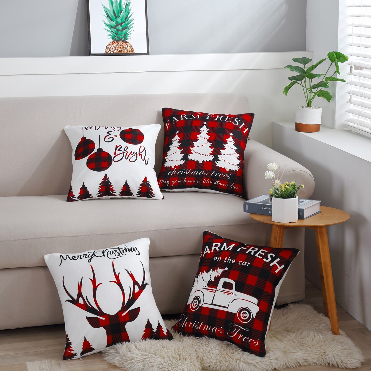 Marina Decoration Printed Christmas Cushion Cover Set Modern Decorative Throw Xmas Pack of 4 18x18 Inch, Rustic Red Black Plaid