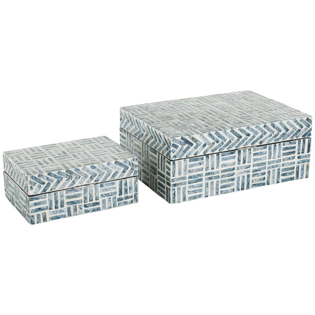 Mother of Pearl Shell Geometric Handmade Mosaic Storage Decorative Box with Cream Underlay - Set of 2 Blue - Roche River Decor