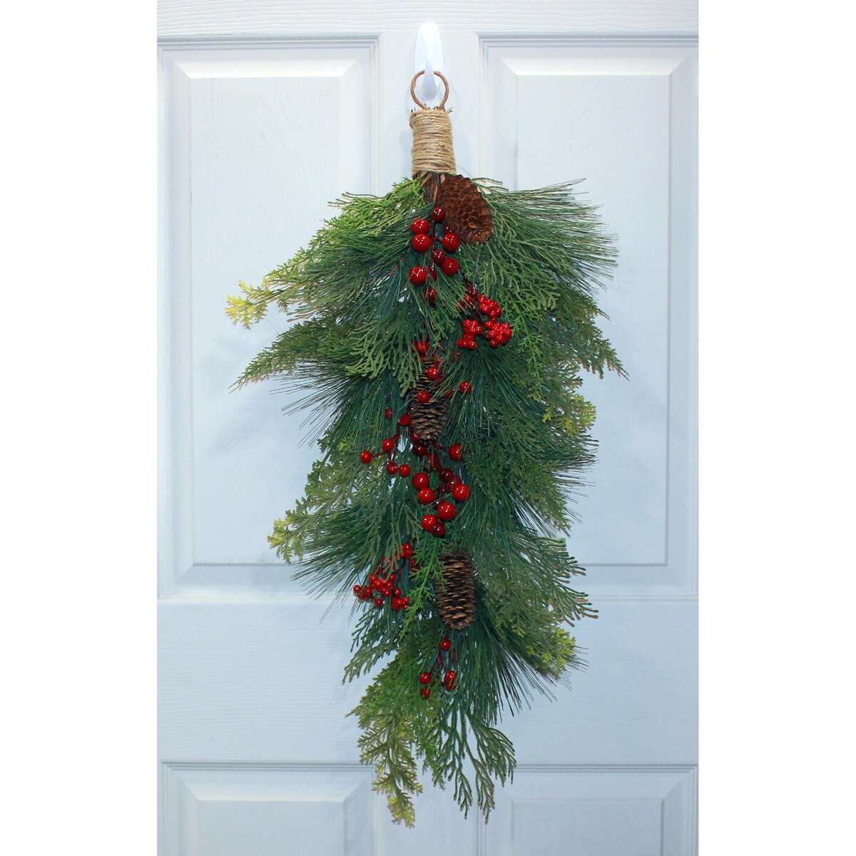 23 Artificial Christmas Mixed Evergreen Pine Teardrop Swag with Red Berries and Pinecones - 23