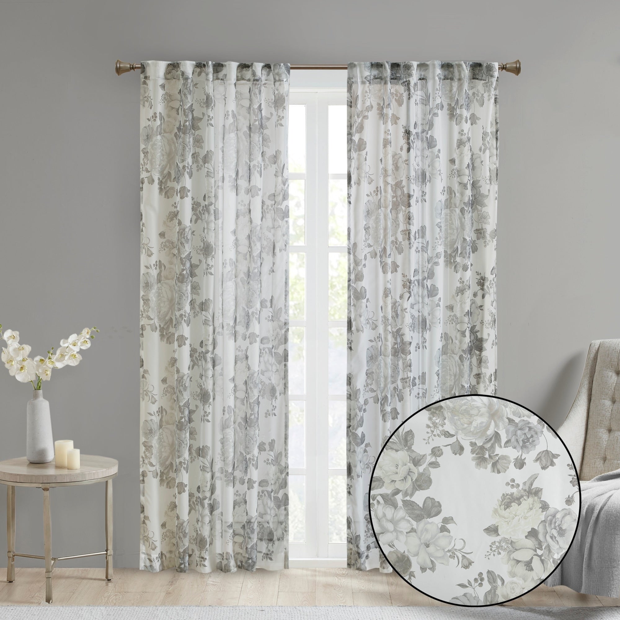 Madison Park Abelia Printed Floral Rod Pocket and Back Tab Voile Sheer Curtain