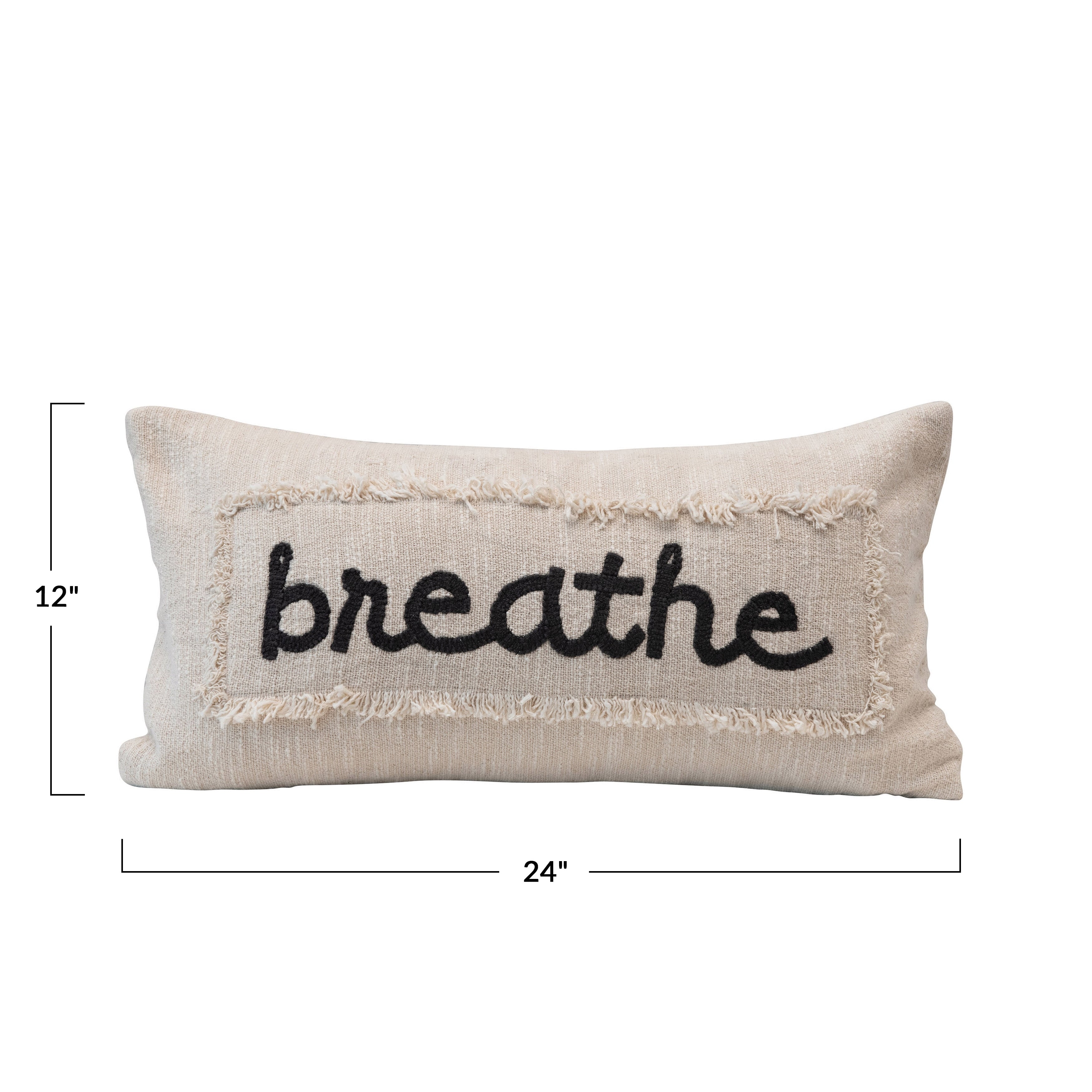 Embroidered Cotton Pillow Breathe with Eyelash Fringe, Cream & Charcoal Color