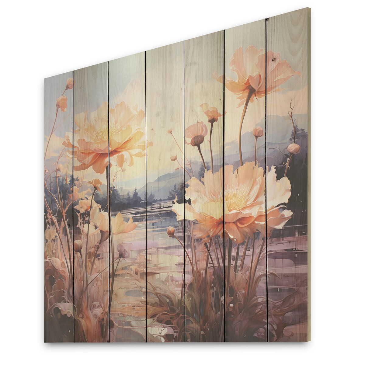 Designart Glass Floral On Mountain Scenery Flowers Wood Wall Decor Traditional Beige Wood Panel On Natural Pine Wood