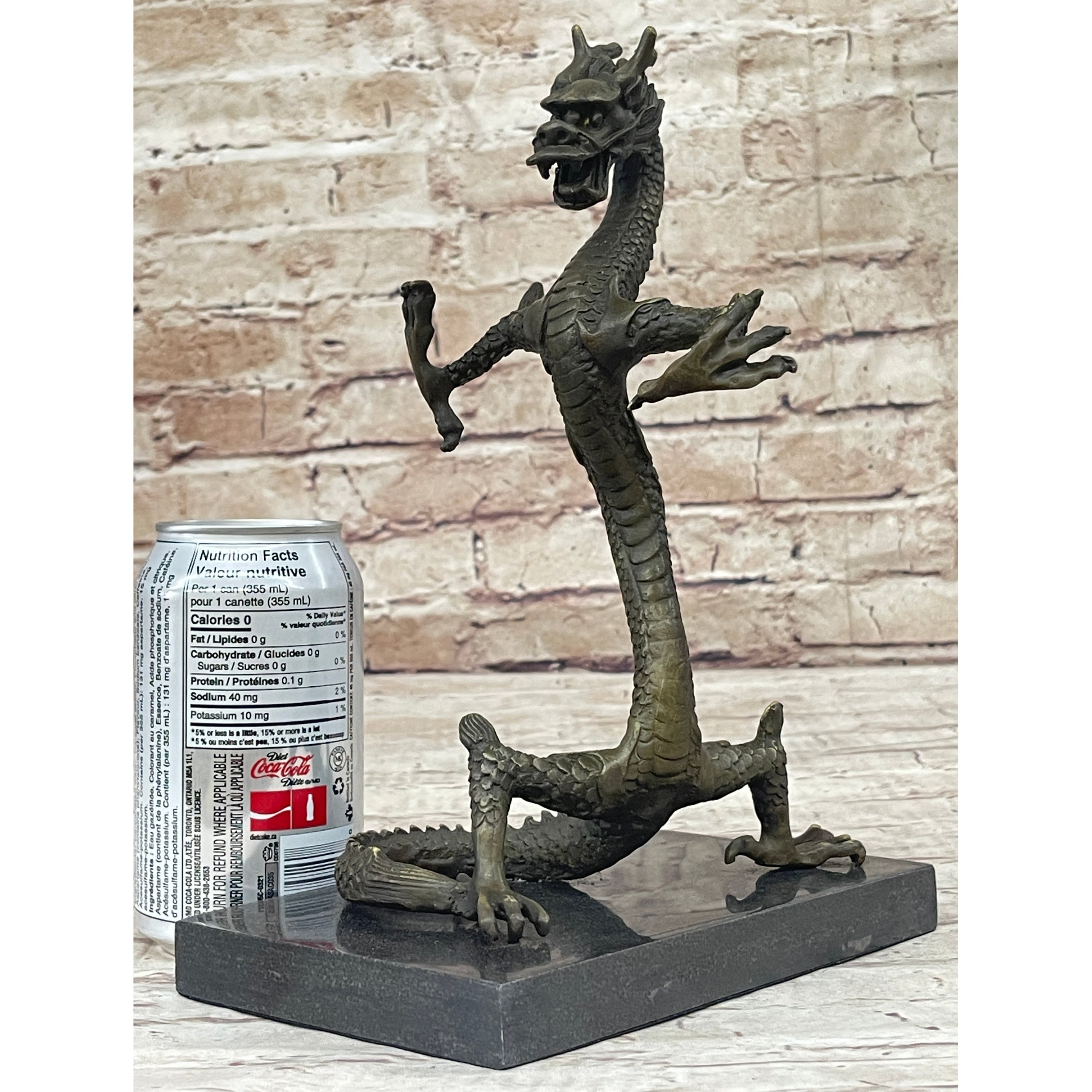 Skinny Chinese Dragon Bronze Sculpture Statue Figure On Marble Base