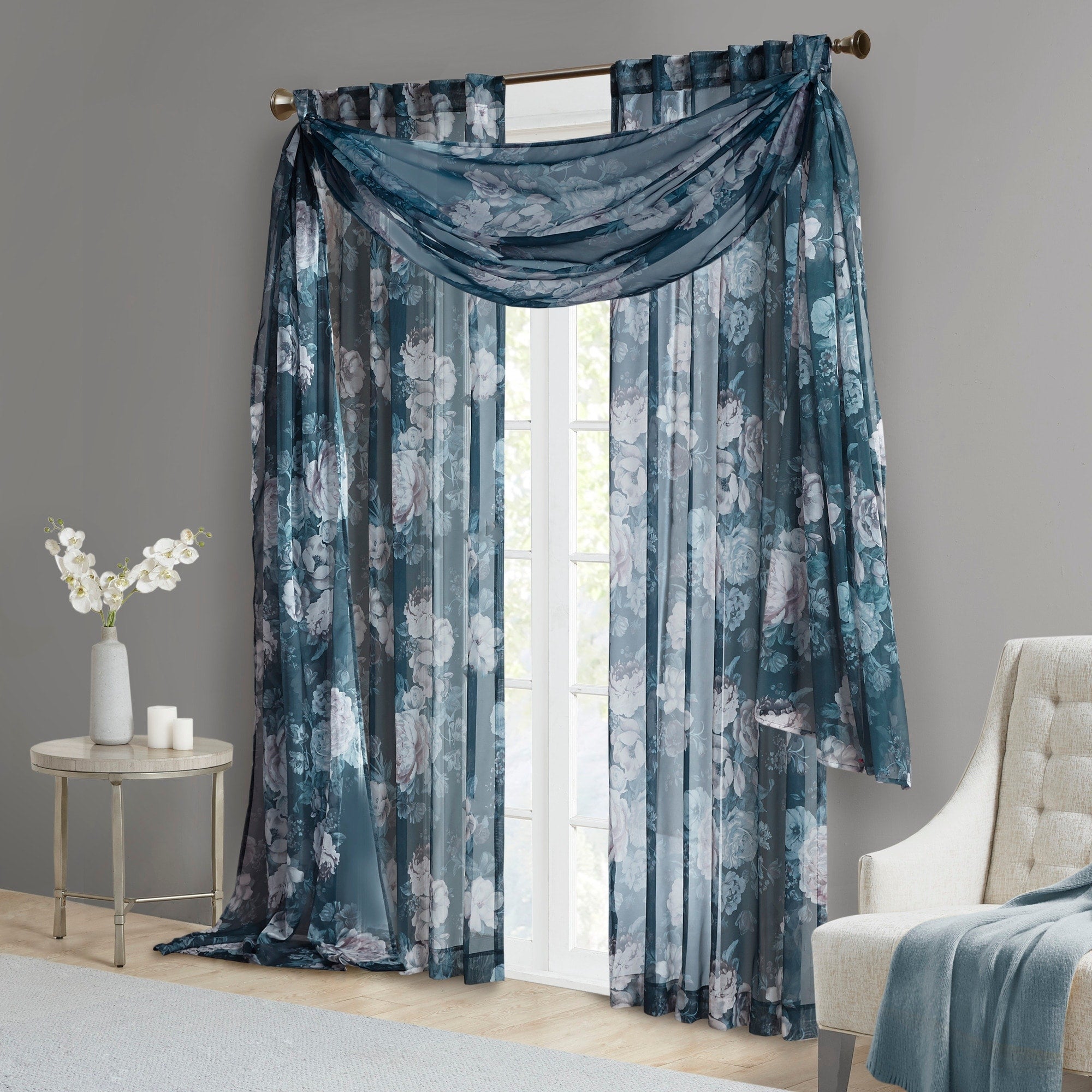 Madison Park Abelia Printed Floral Rod Pocket and Back Tab Voile Sheer Curtain