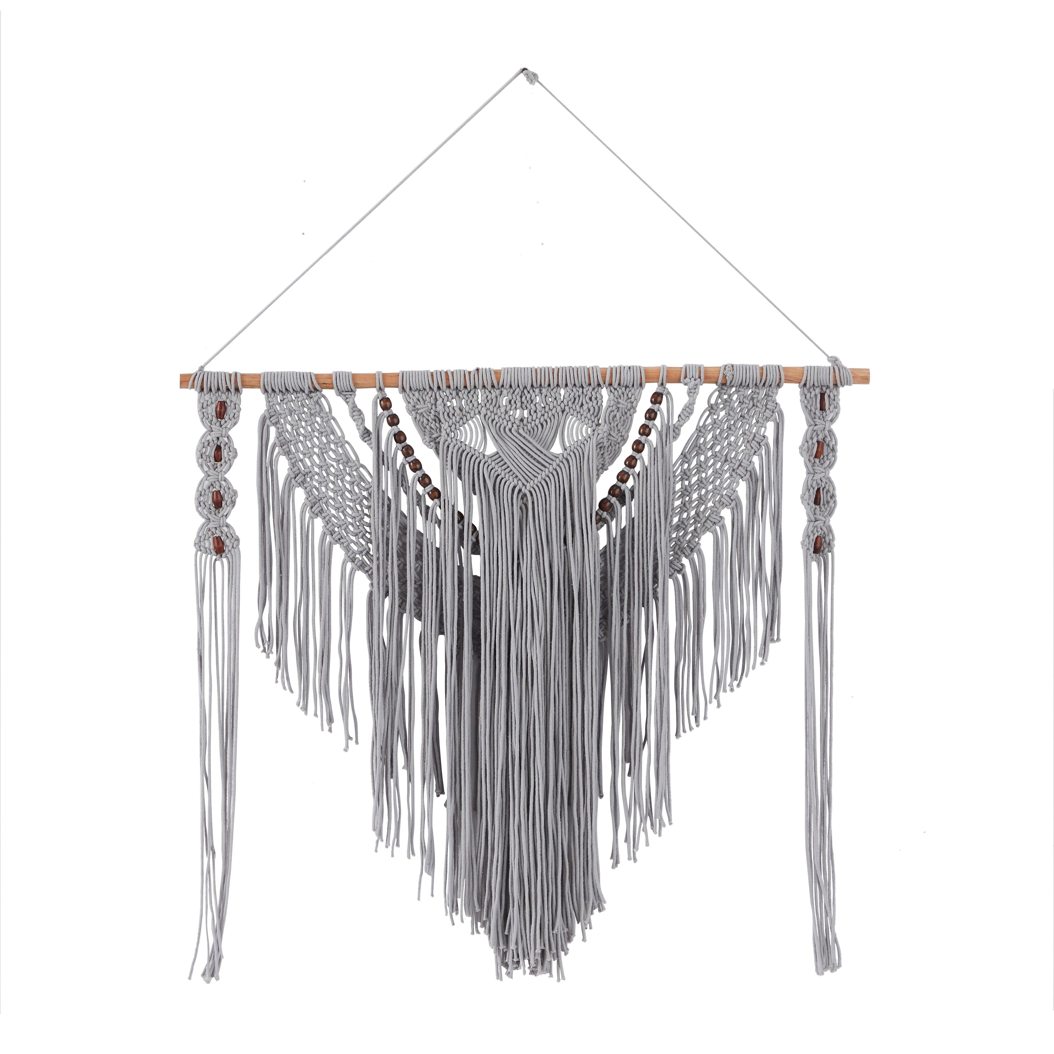 Cotton Handmade Intricately Weaved Macrame Wall Decor with Beaded Fringe Tassels - Gray or Cream