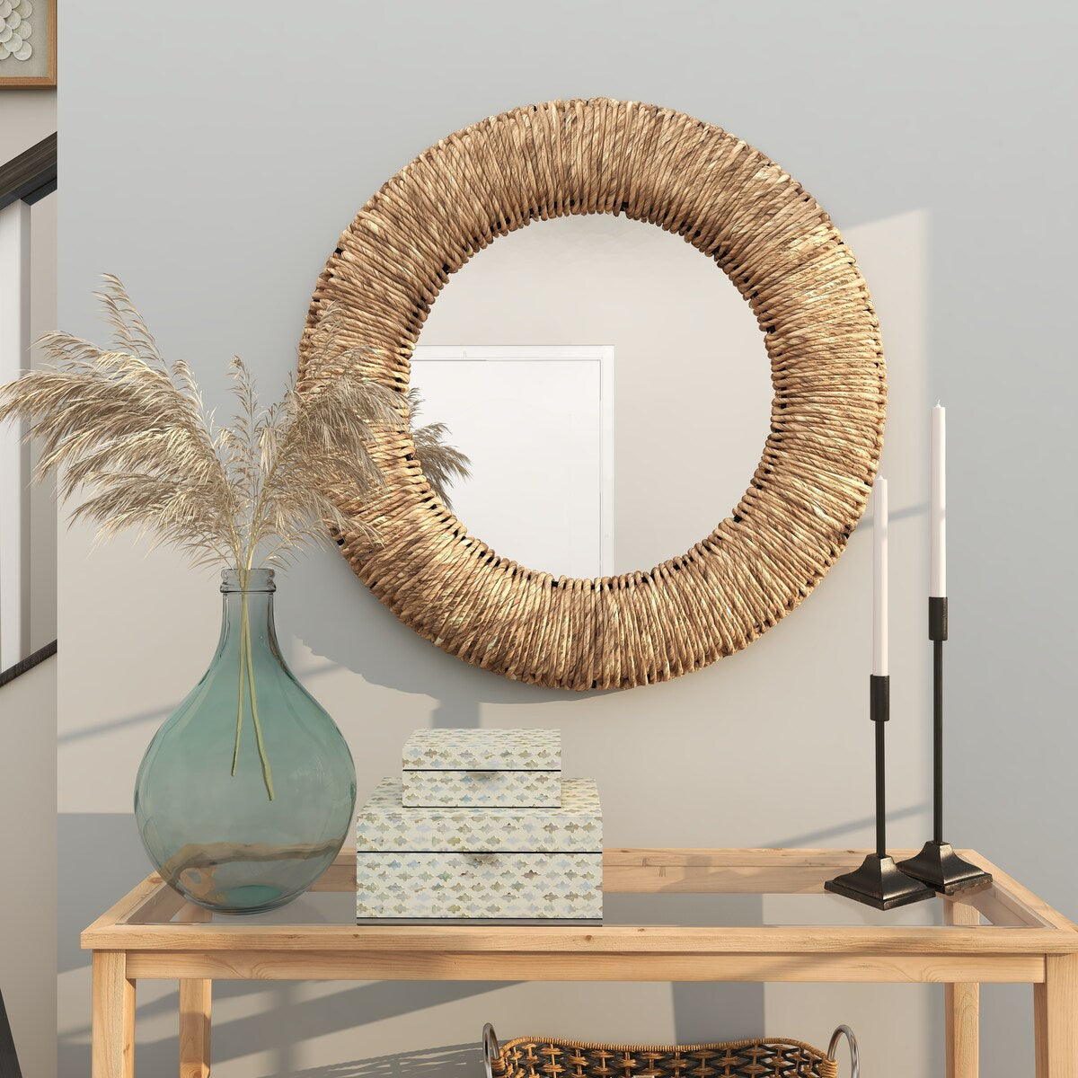 Rattan Coiled Weaved Frame Room Wall Mirror - Brown - Roche River Decor