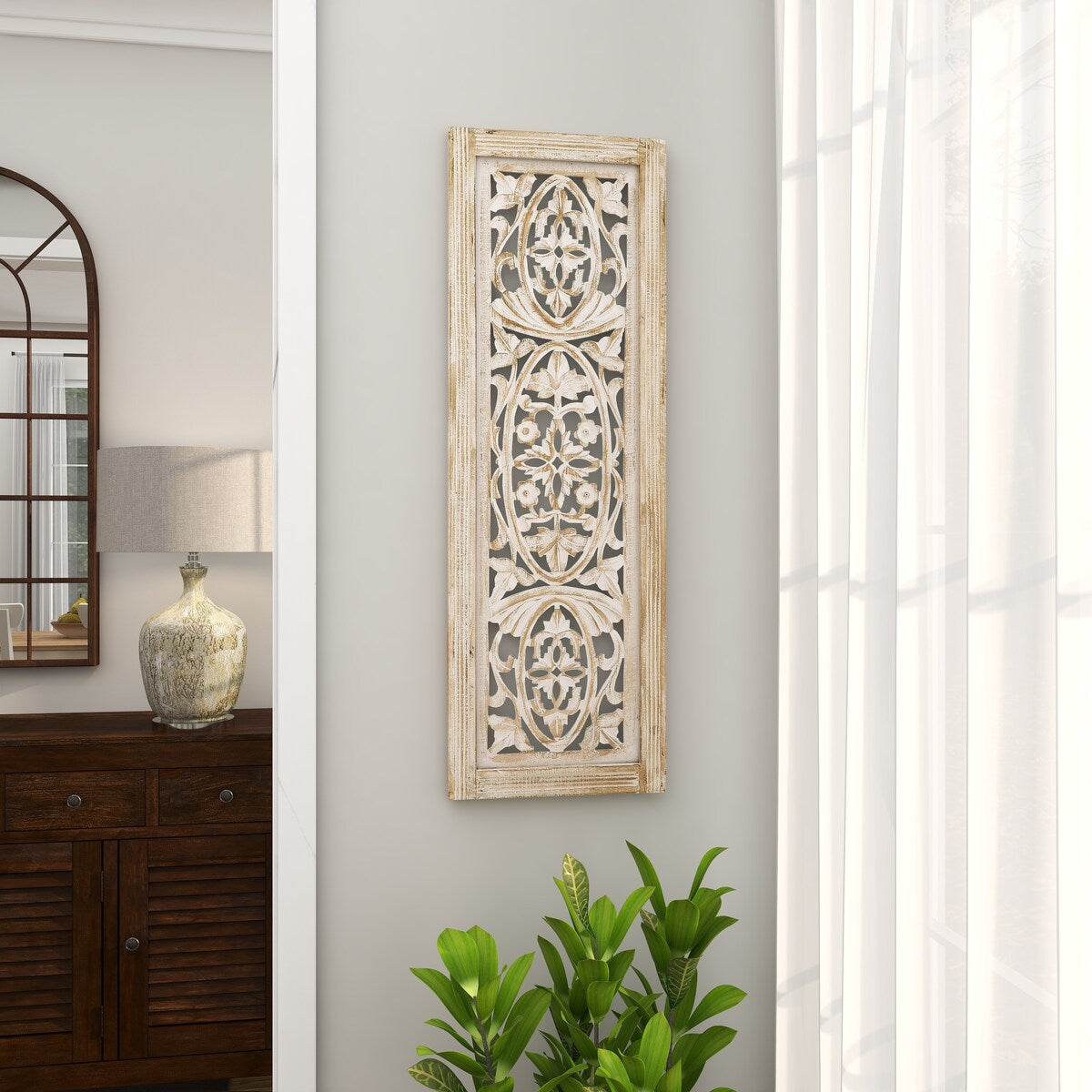 Mango Wood Floral Handmade Intricately Carved Arabesque Home Wall Decor - Cream - Roche River Decor