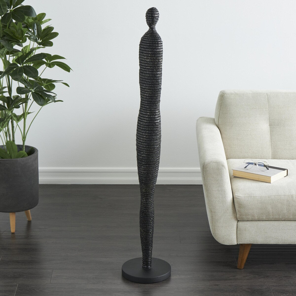 Polystone People Tall Slim Figure Decorative Sculpture with Ribbed Body and Glitter Accents - Black - Roche River Decor