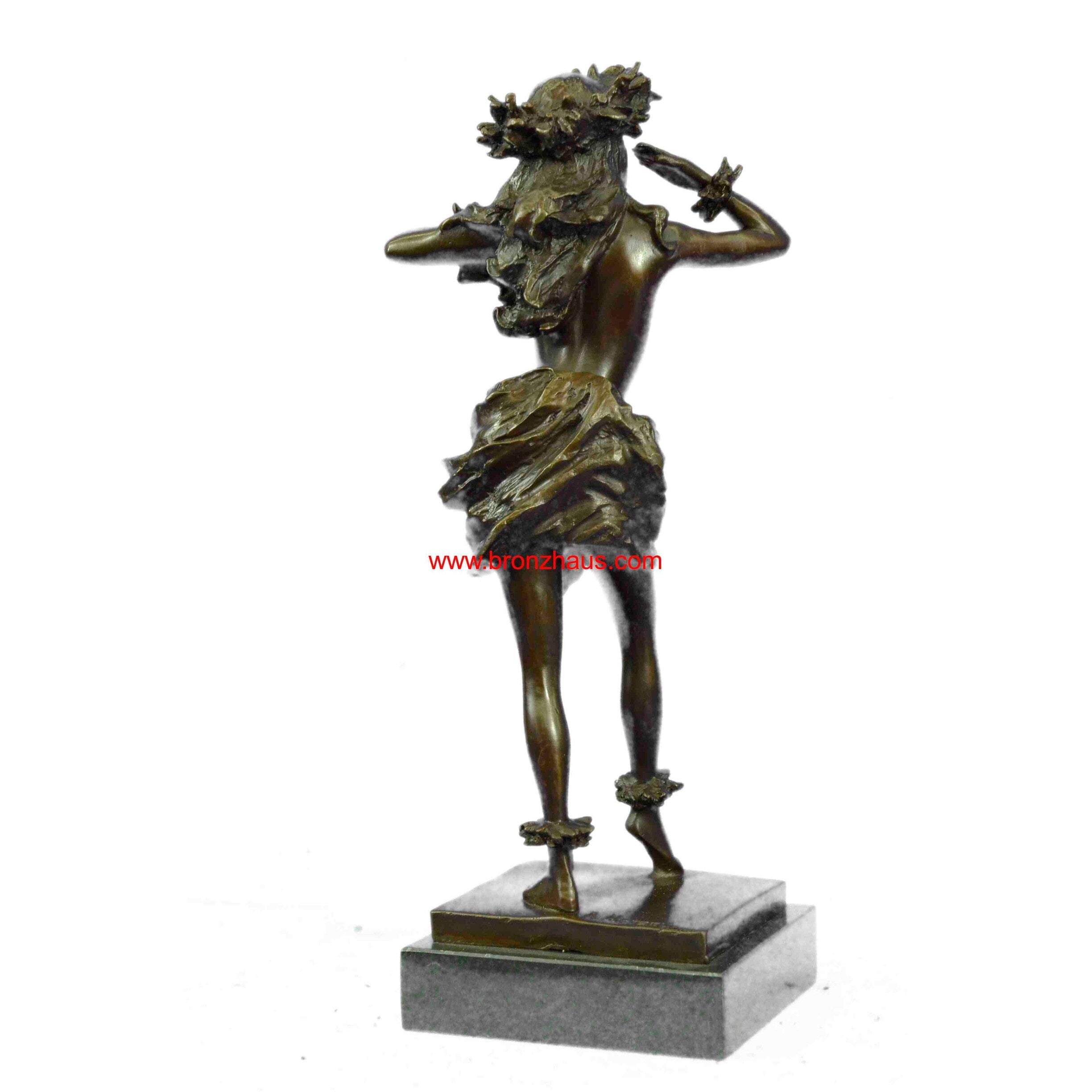 Gilt Hawaiian Girl W/Lei Flower Bronze Sculpture Hot Cast Marble Base Figurine