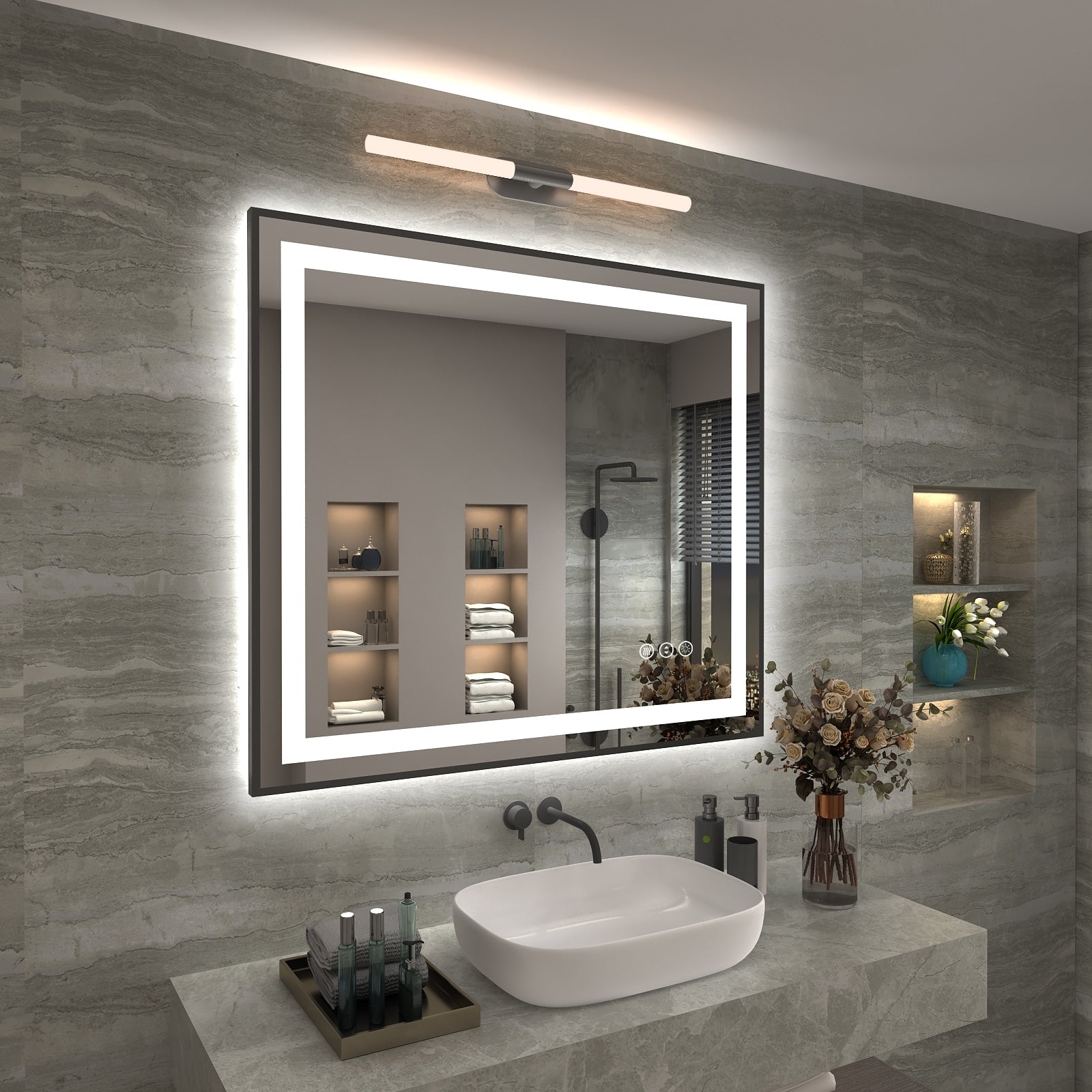 KIOTEE Super Bright Front & Back LED Lighted Anti-Fog Wall Bathroom Vanity Mirror in Tempered Glass