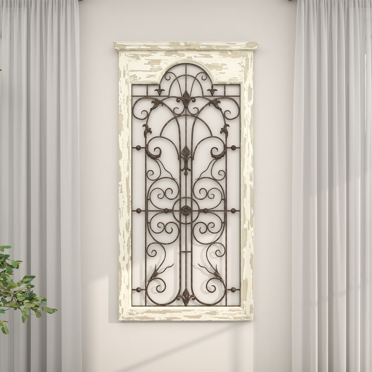 Wood Scroll Distressed Window Inspired Panel Home Wall Decor with Black Metal Fleur De Lis Relief - White - Roche River Decor