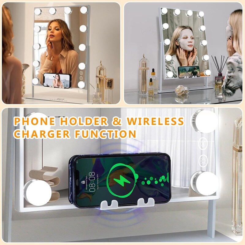 VANITII Hollywood Vanity Makeup Mirror With 12 LED Bulbs Wireless Charge White Bluetooth 10X Magnifying Glass Smart Control