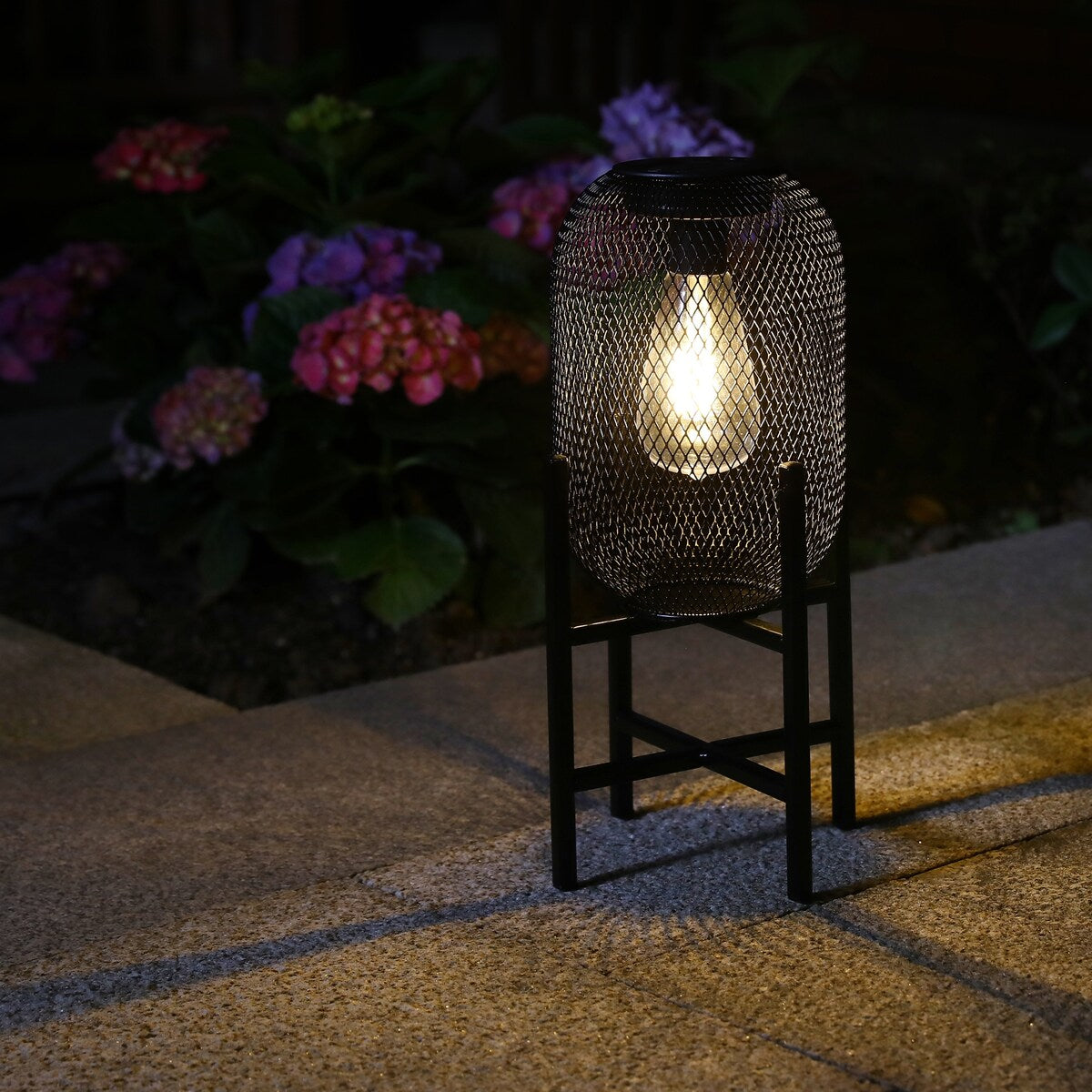 Glitzhome Set of 2 Metal Black Solar Powered Outdoor Lantern with Stand