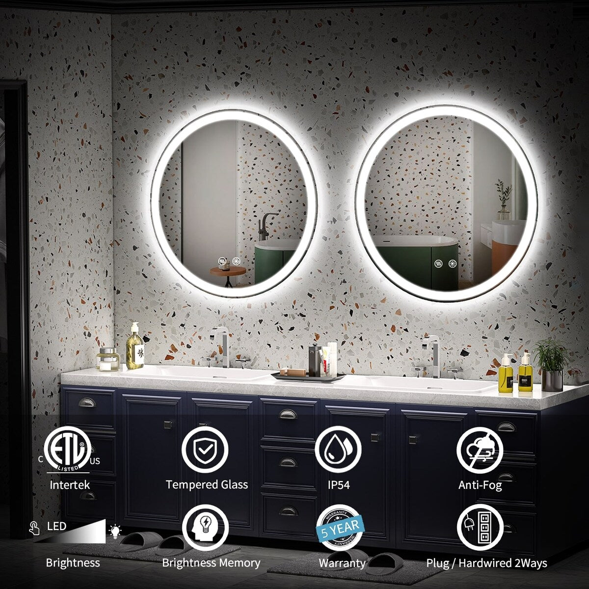 LED Lighted Dimmable Anti Fog Frameless Rounded Vanity Mirror