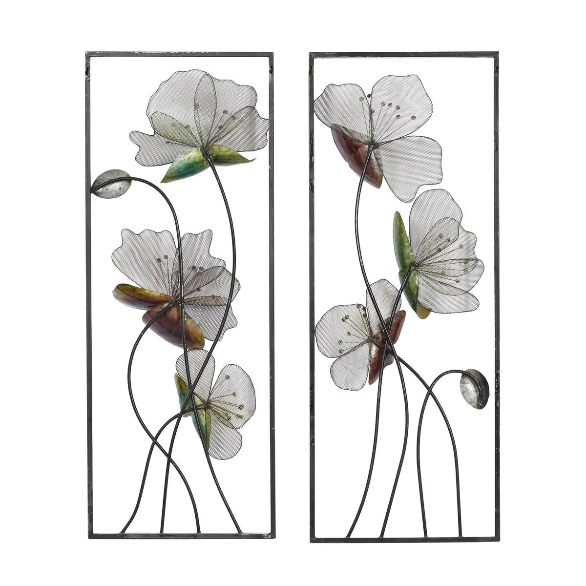 Metal Floral Home Wall Decor with Green and Orange Accents - Set of 2 Black - Roche River Decor