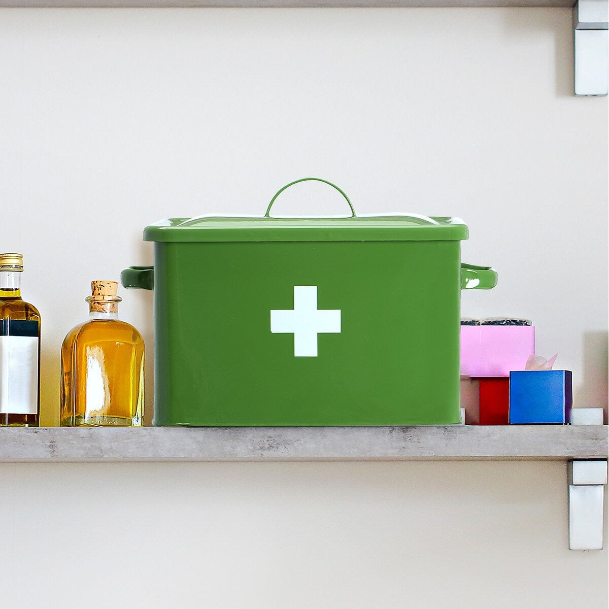 Enameled Metal First Aid Box with Lid and Swiss Cross