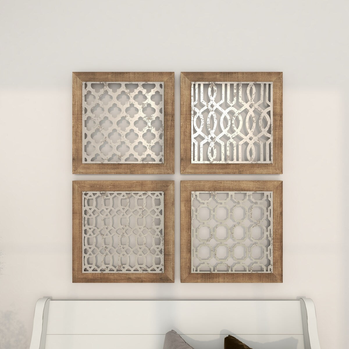 Wood Geometric Home Wall Decor with Silver Metal Trellis Cutouts - Set of 4 Brown - Roche River Decor