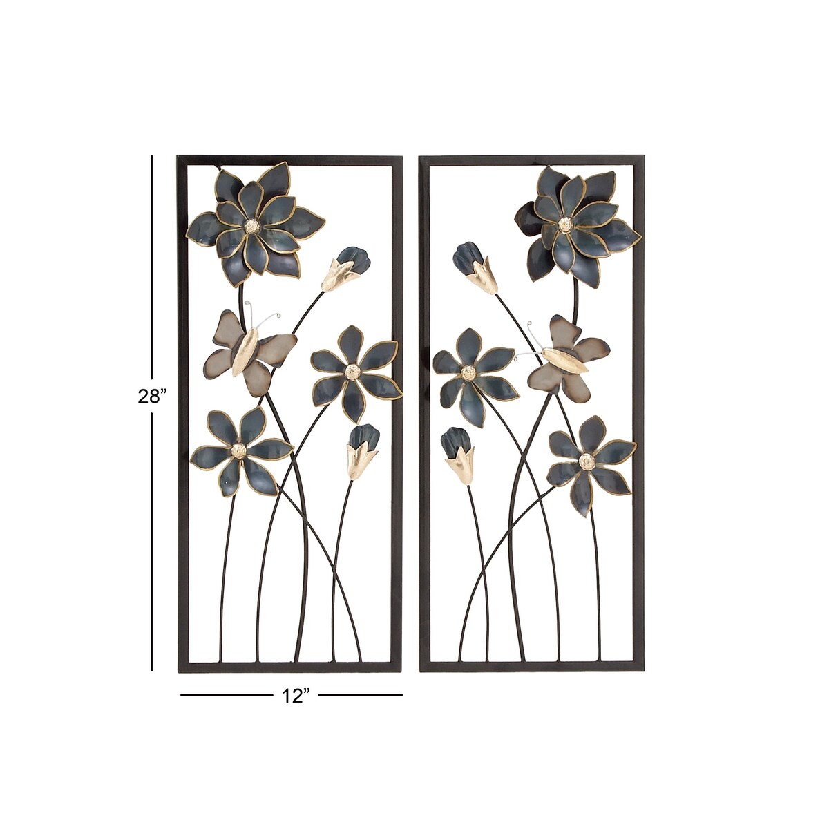 Metal Floral Home Wall Decor with Black Frames and Butterfly Accents - Set of 2 Teal - Roche River Decor