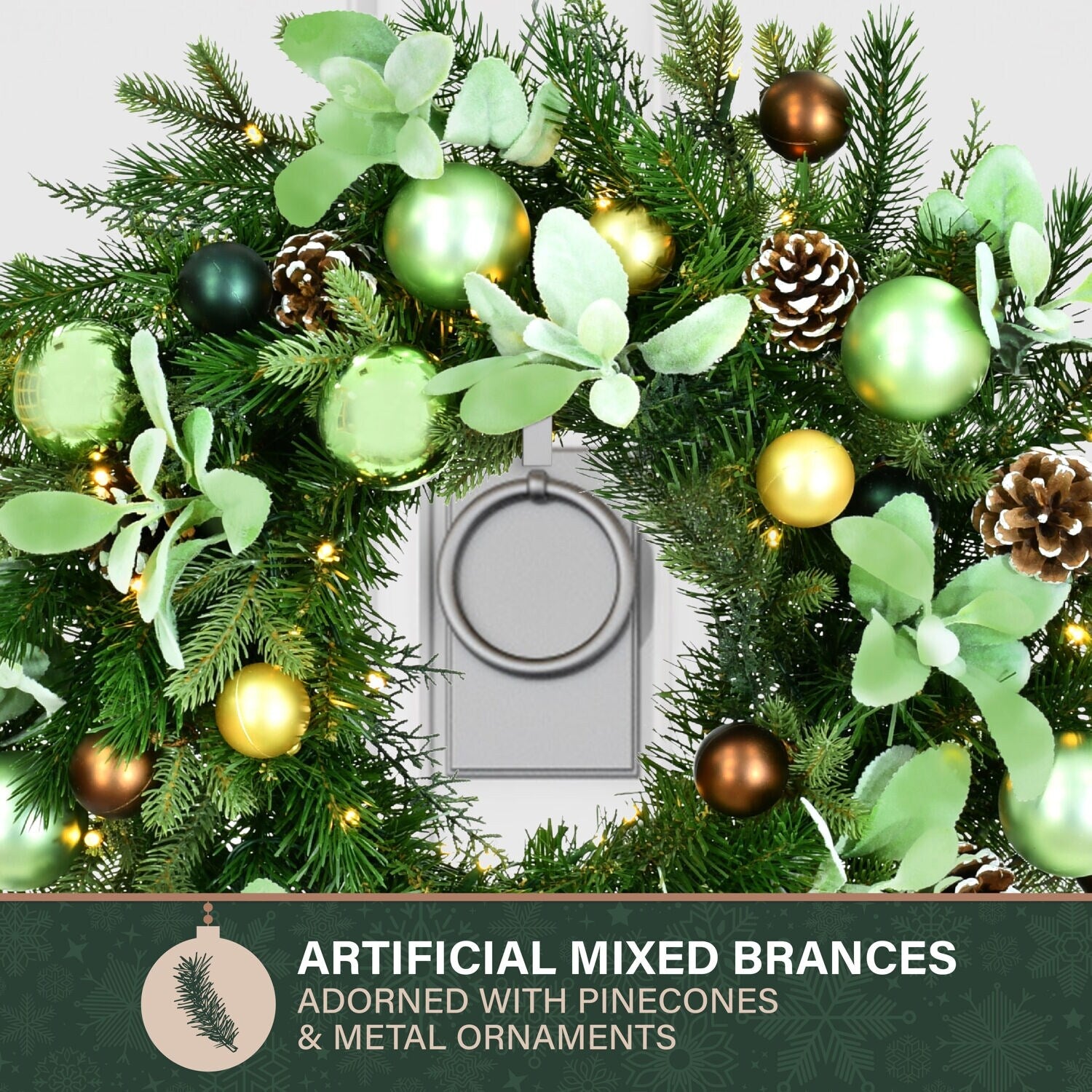 Fraser Hill Farm 24-In. Prelit Wreath with Pinecones and Metal Ornaments - Multi - 24 in.