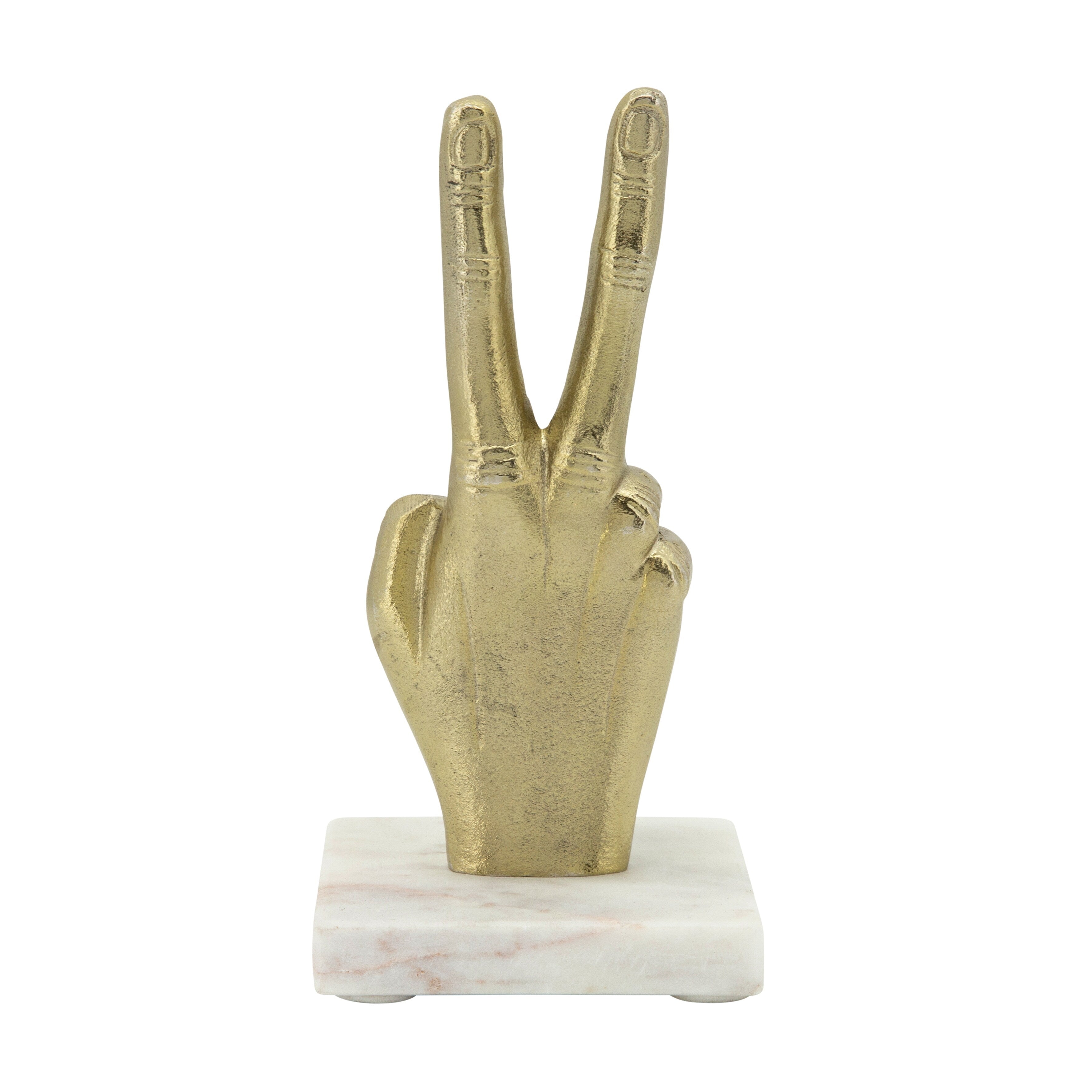 9 Metal Peace Sign Sculpture Hand Peace Sign Statue on White Marble Base Contemporary Decorative Table Accent - 4 x 4 x 8