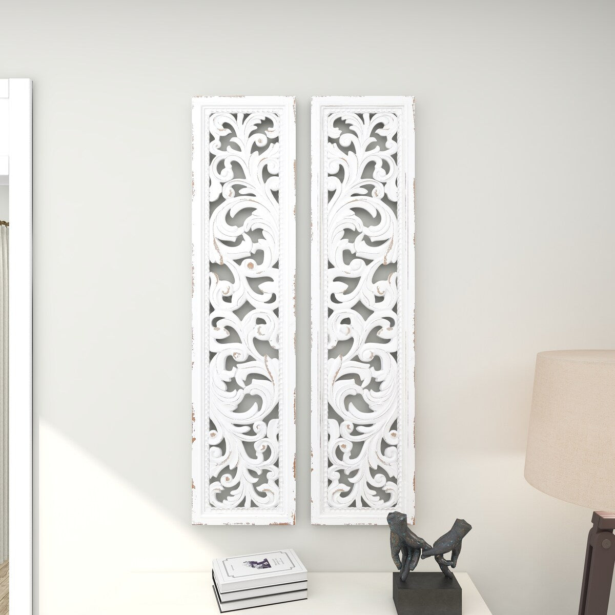 Wood Scroll Handmade Slim Distressed Carved Panel Home Wall Decor - Set of 2 White - Roche River Decor