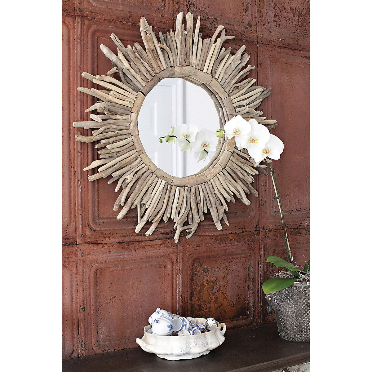 Driftwood Framed Sunburst Wall Mirror