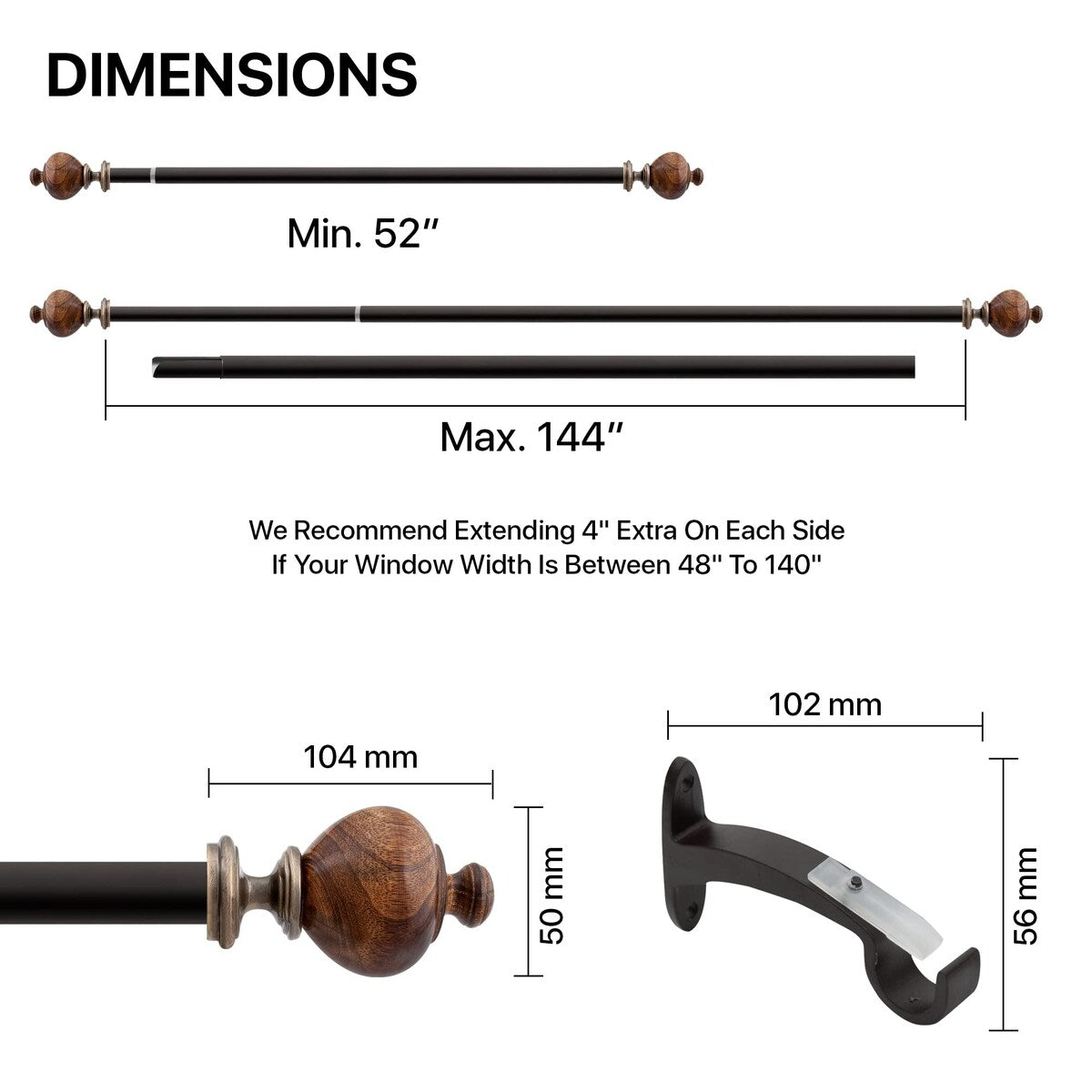 Deco Window Brown adjustable Curtain Rod with Wooden Finials & Bracket