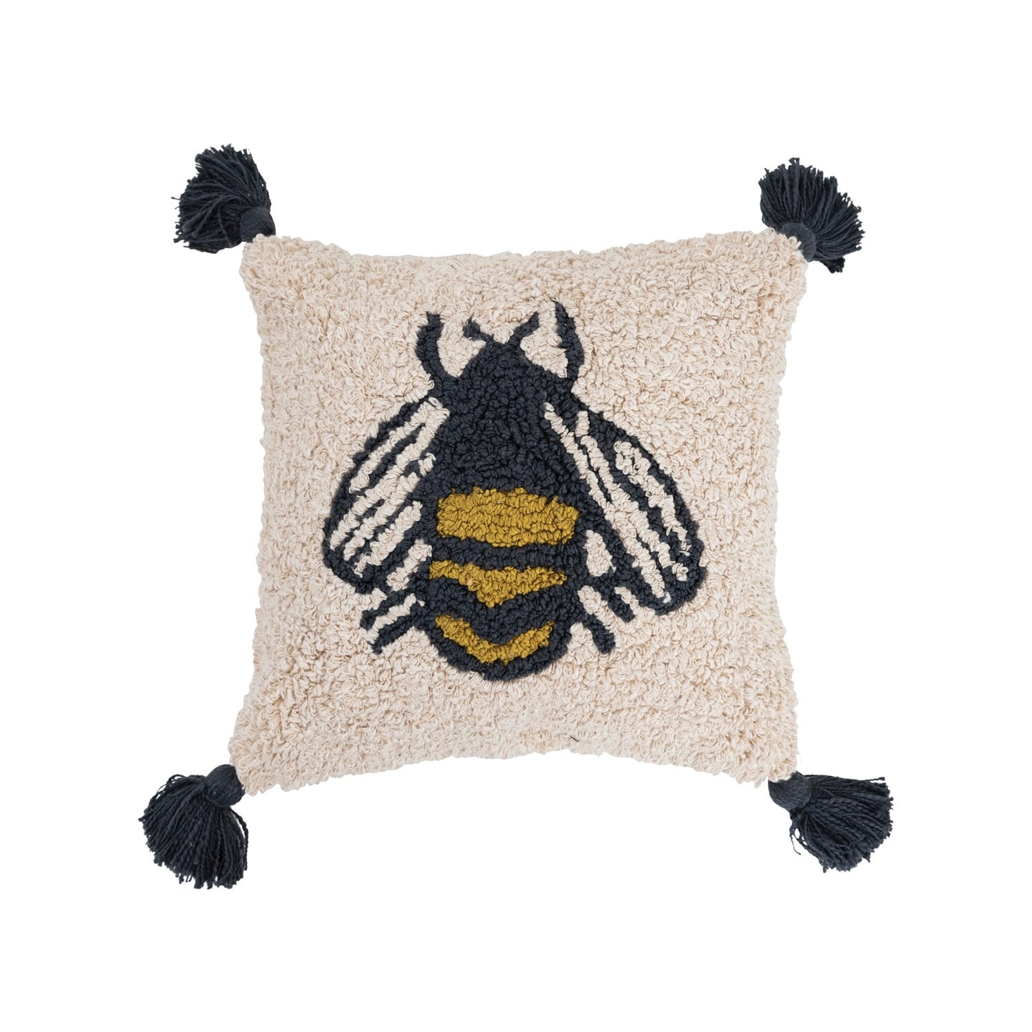 Cotton Punch Hook Pillow with Bee and Tassels