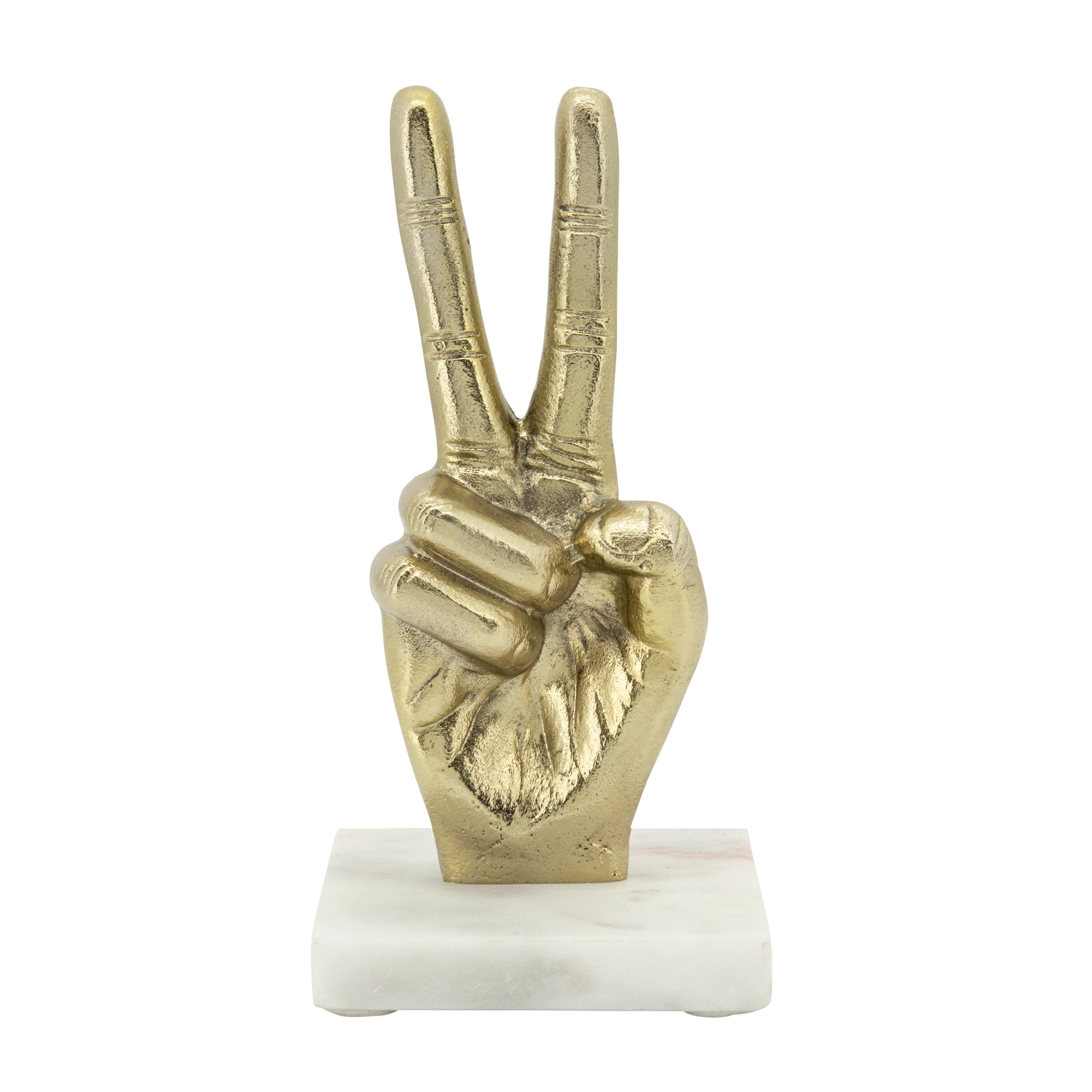 9 Metal Peace Sign Sculpture Hand Peace Sign Statue on White Marble Base Contemporary Decorative Table Accent - 4 x 4 x 8