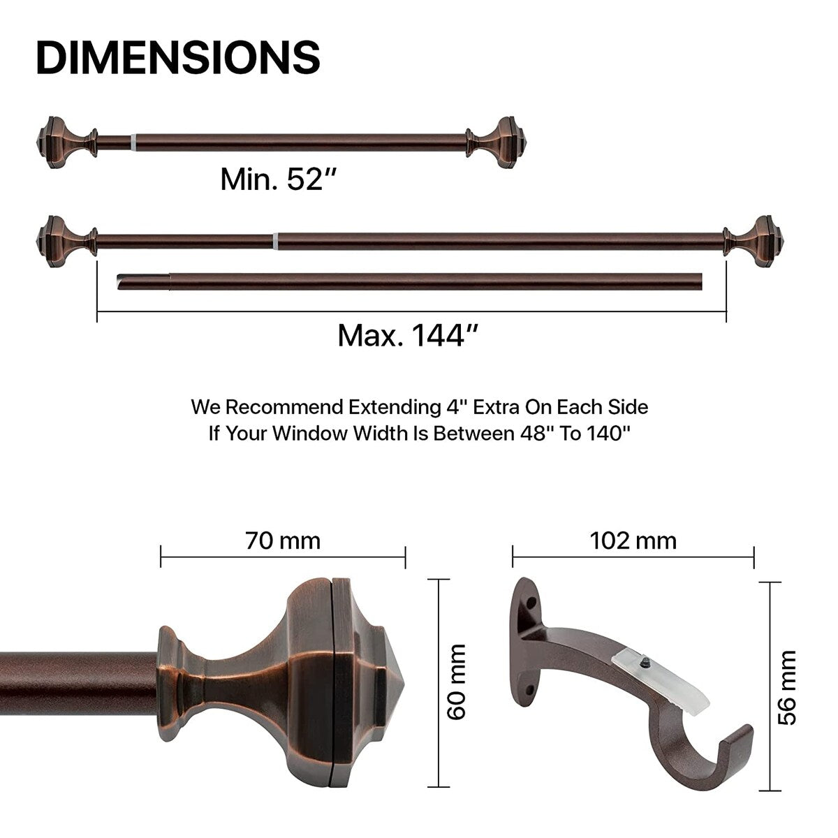 Deco window 3/4 Inch Adjustable Antique Copper Curtain Rod for Windows & Door with Hexagon Finials & Brackets Set