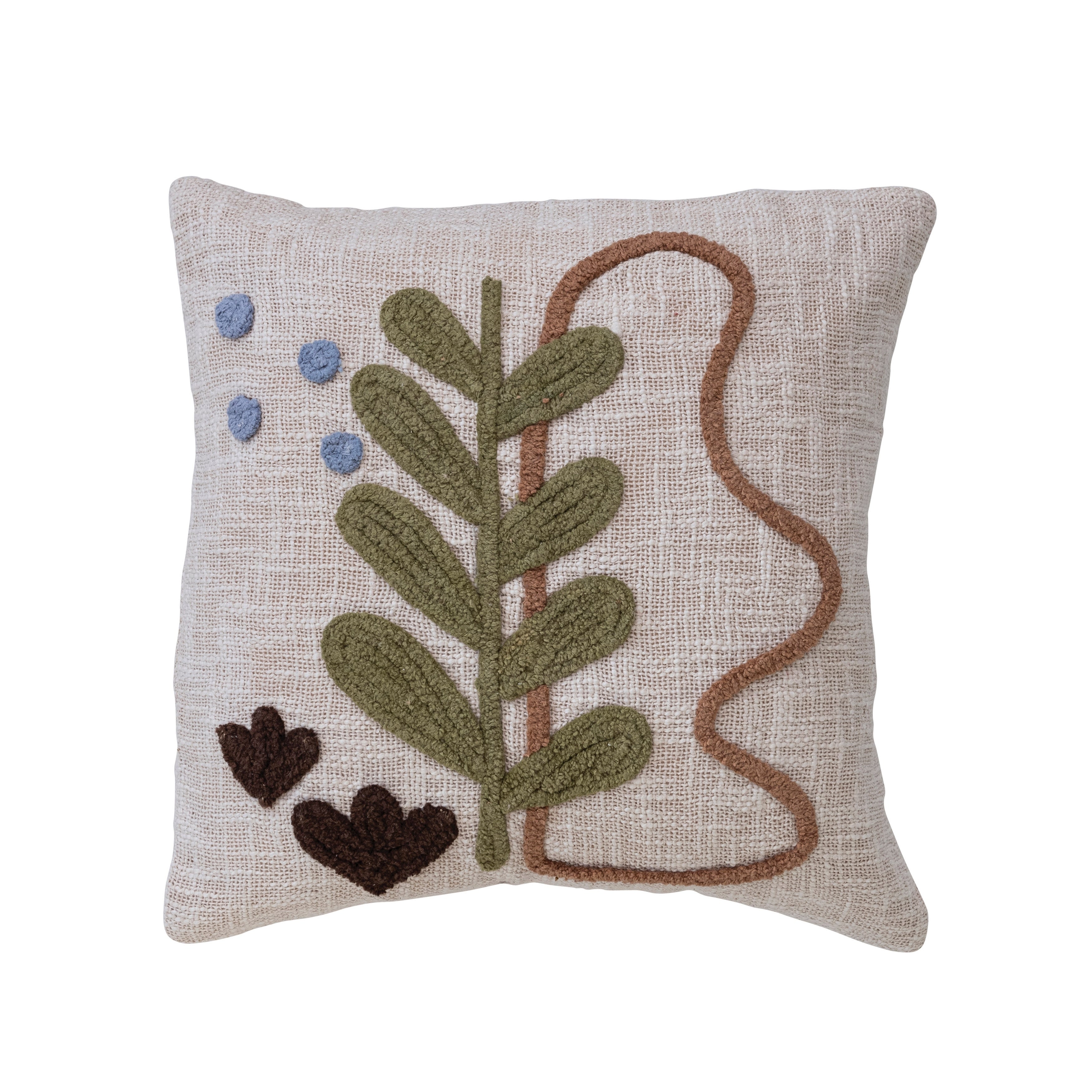 Cotton Slub Pillow with Tufted Plant Design