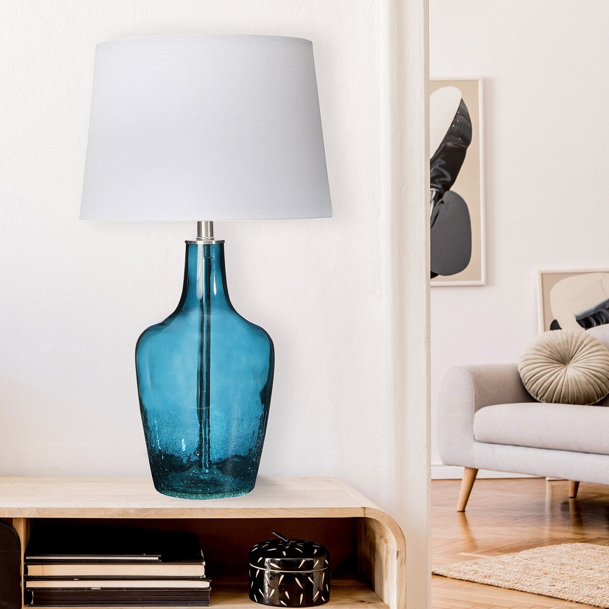 Glass Table Lamp with Metal Accents and Empire Shade