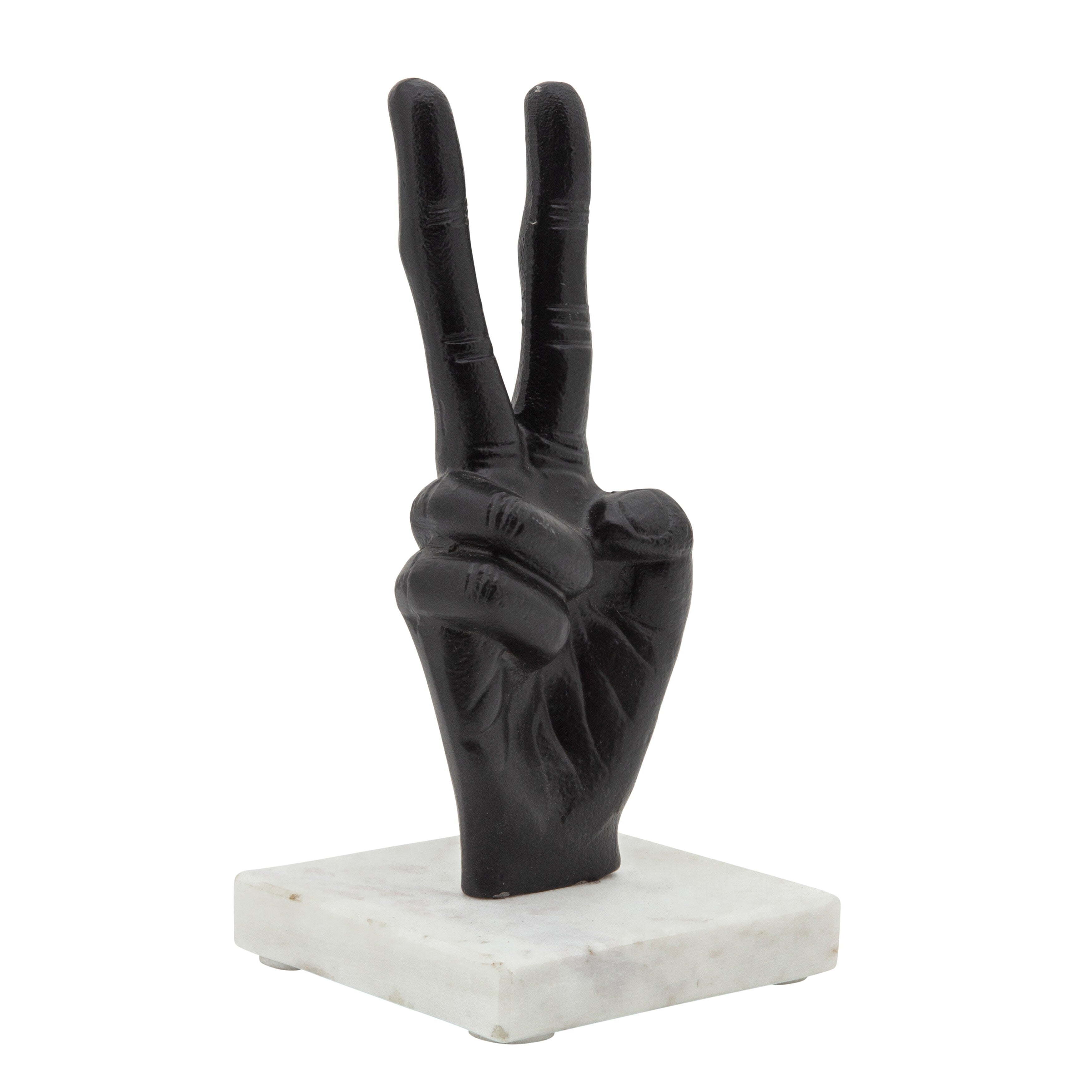 9 Metal Peace Sign Sculpture Hand Peace Sign Statue on White Marble Base Contemporary Decorative Table Accent - 4 x 4 x 8