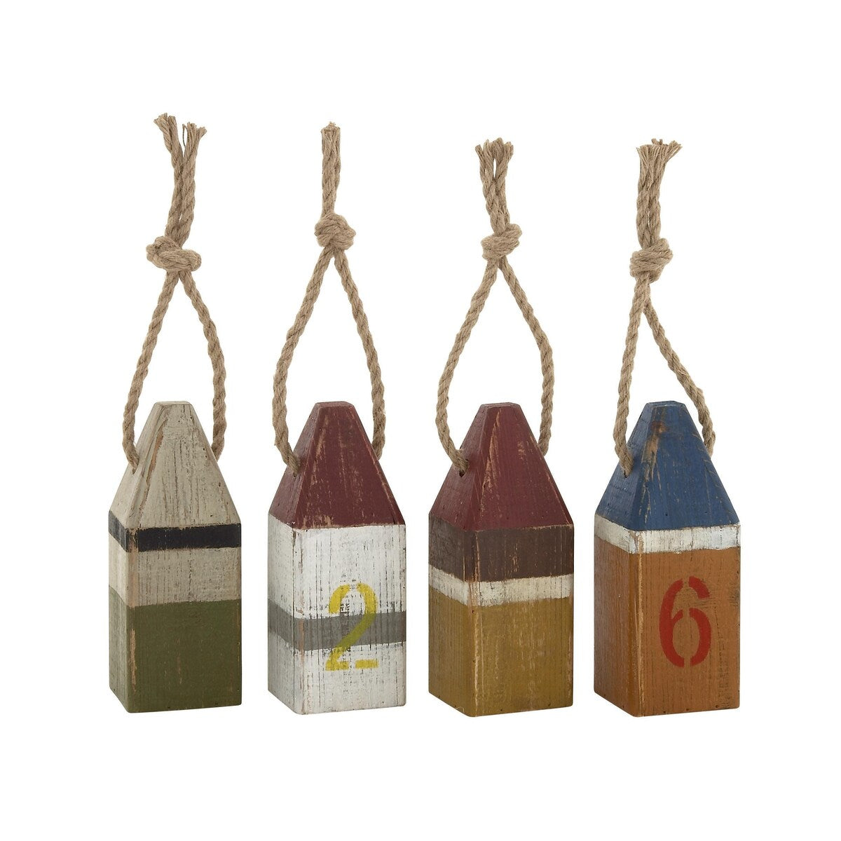 Wood Buoy Decorative Sculpture with Rope Accents - Set of 4 Multi Colored - Roche River Decor