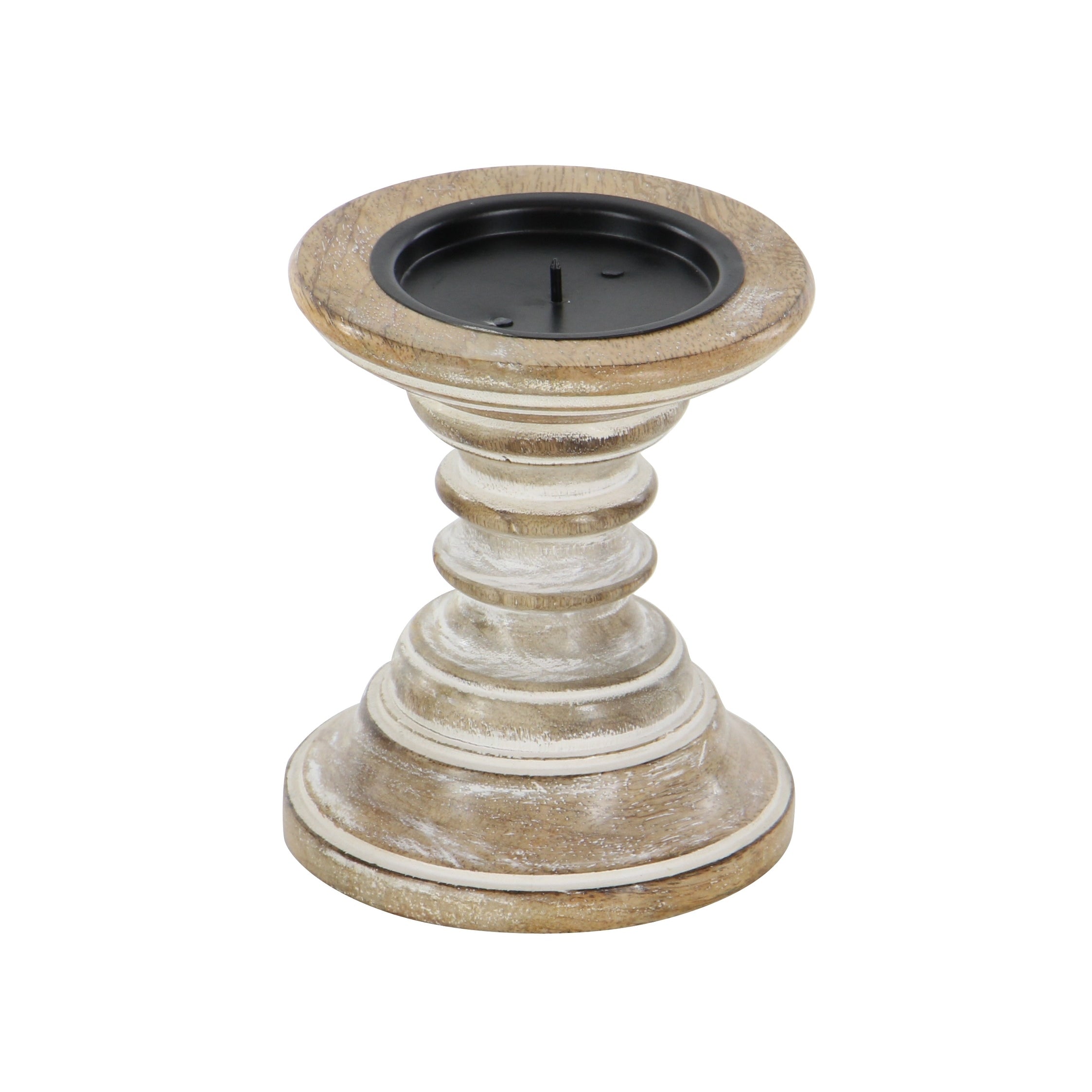 Distressed Mango Wood Traditional Candle Holders (Set of 2) - 5 x 5 x 6