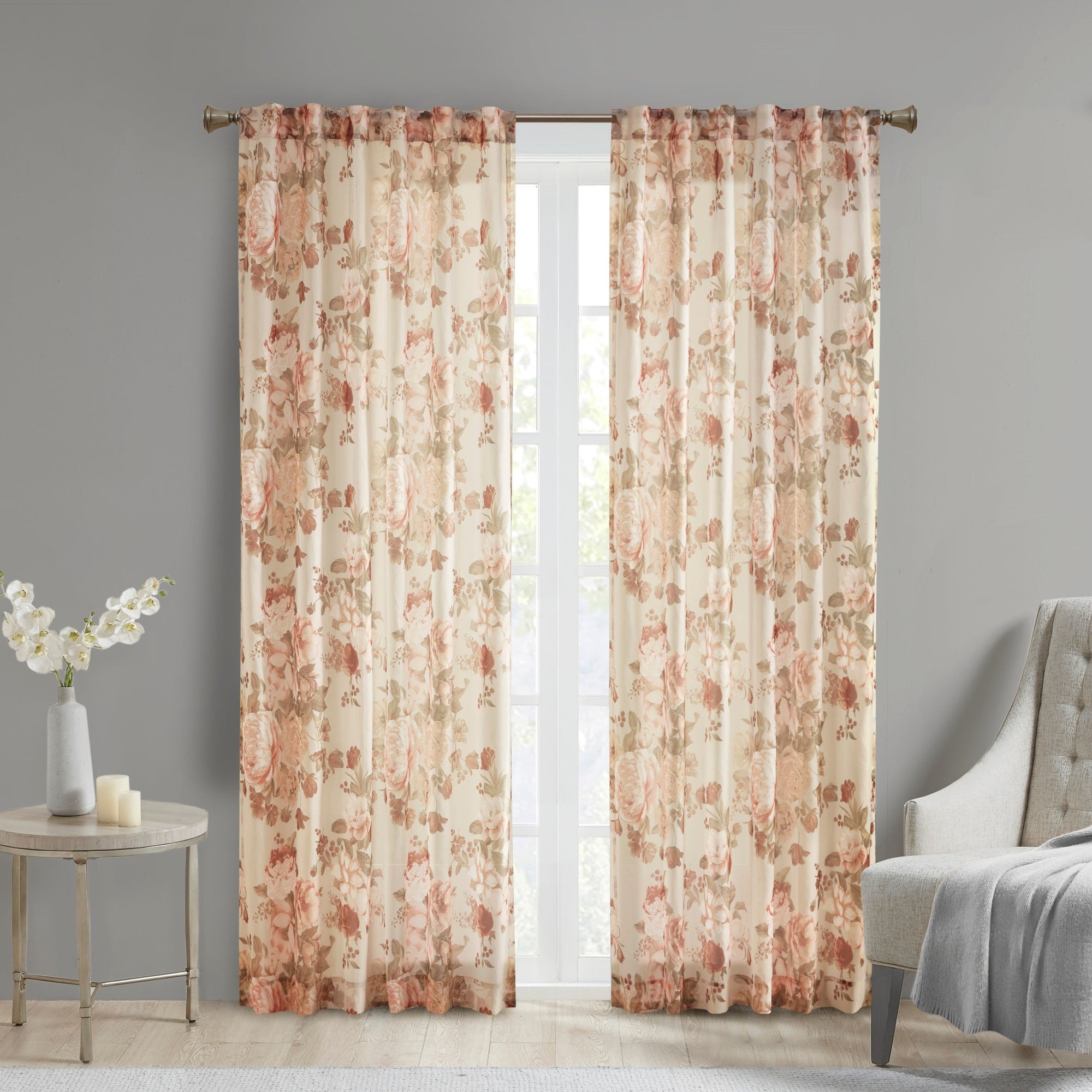 Madison Park Abelia Printed Floral Rod Pocket and Back Tab Voile Sheer Curtain