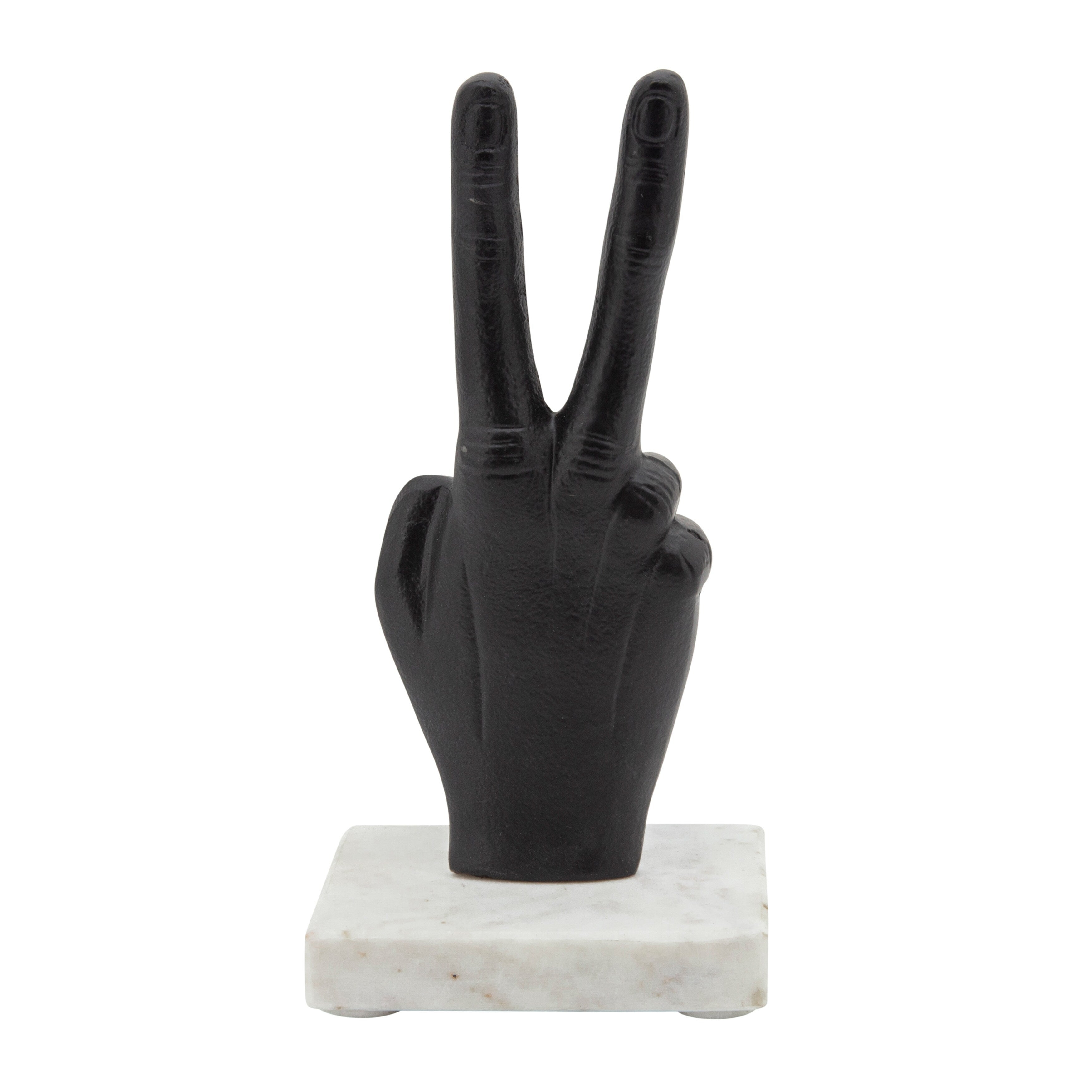 9 Metal Peace Sign Sculpture Hand Peace Sign Statue on White Marble Base Contemporary Decorative Table Accent - 4 x 4 x 8