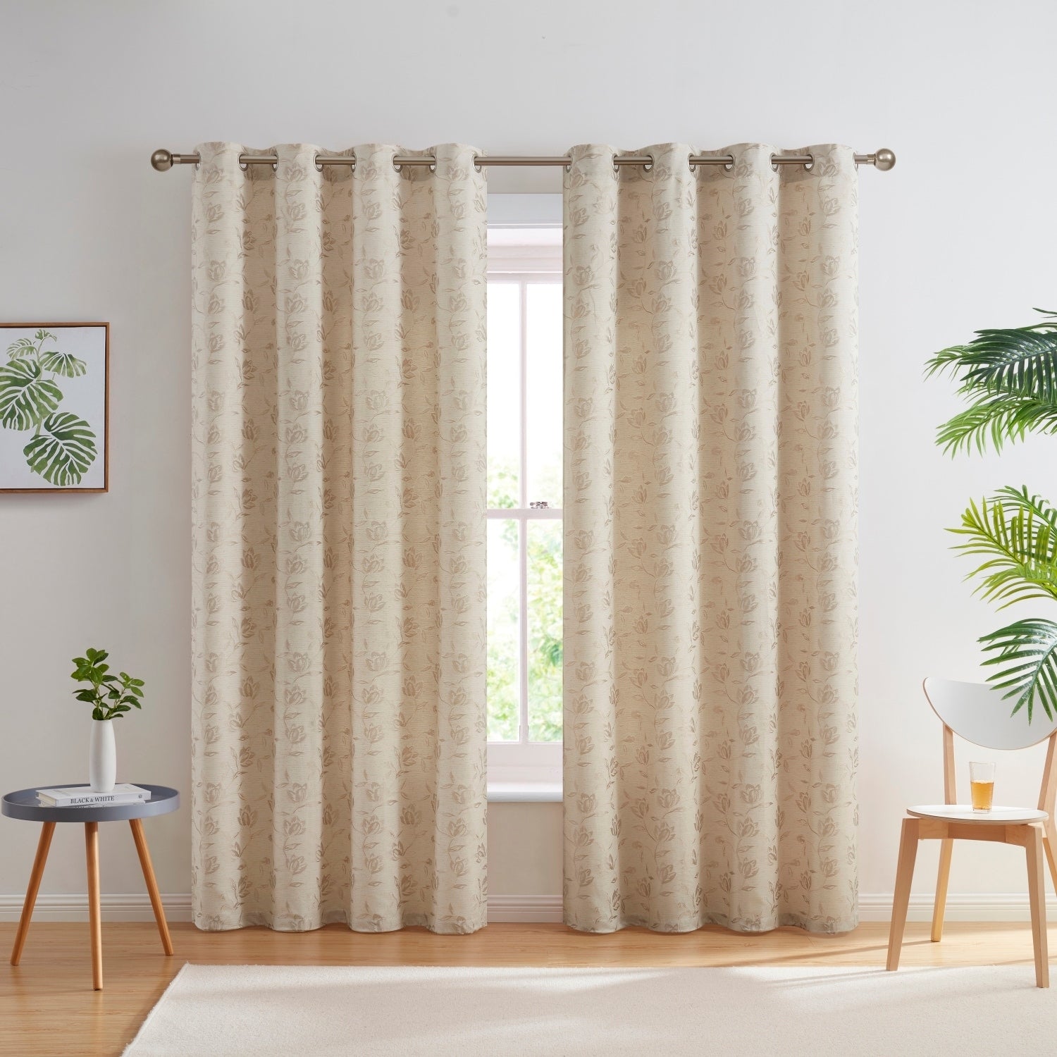 HLC.me Zoey Burlap Flax Linen Floral Jacquard Light Filtering Transparent WindowGrommet Curtain Panels, 2 Panels