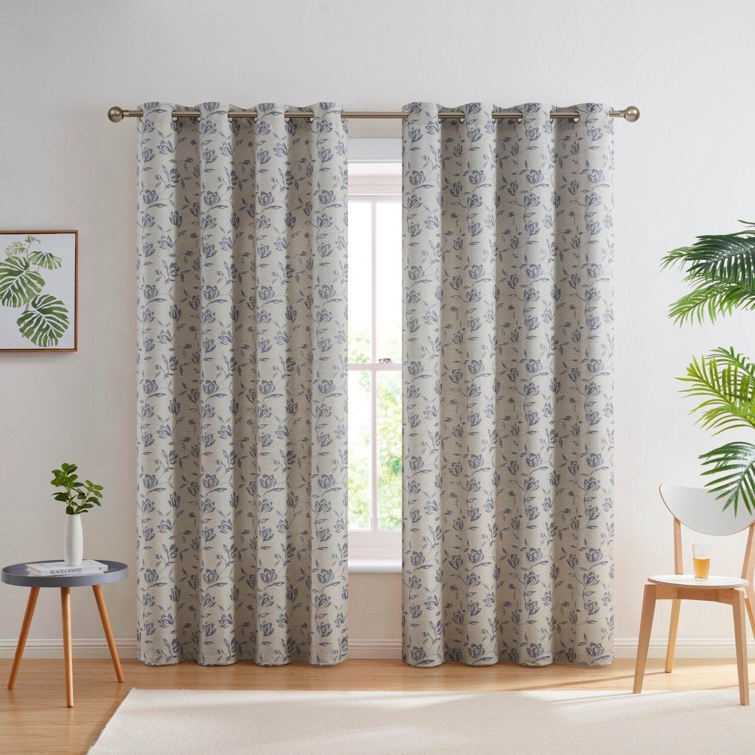 HLC.me Zoey Burlap Flax Linen Floral Jacquard Light Filtering Transparent WindowGrommet Curtain Panels, 2 Panels