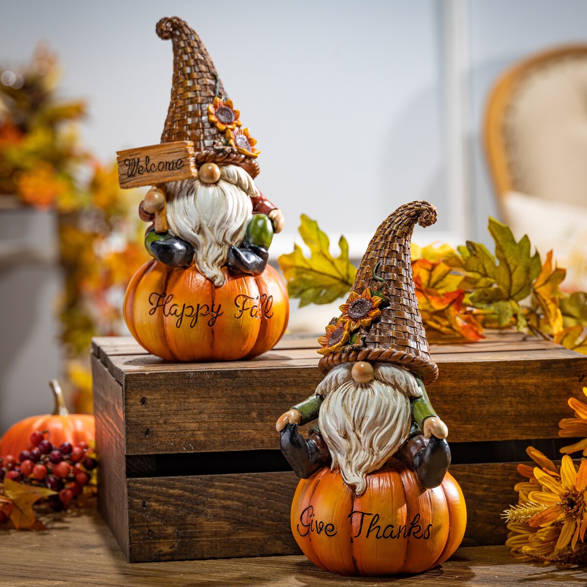 8.8 in Resin Harvest Pumpkin Gnome Set of 2