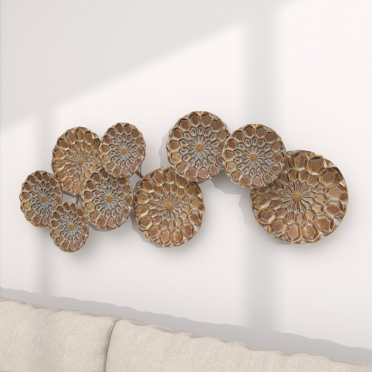 Metal Plate Embossed Floral Home Wall Decor with Teal Accents - Gold - Roche River Decor