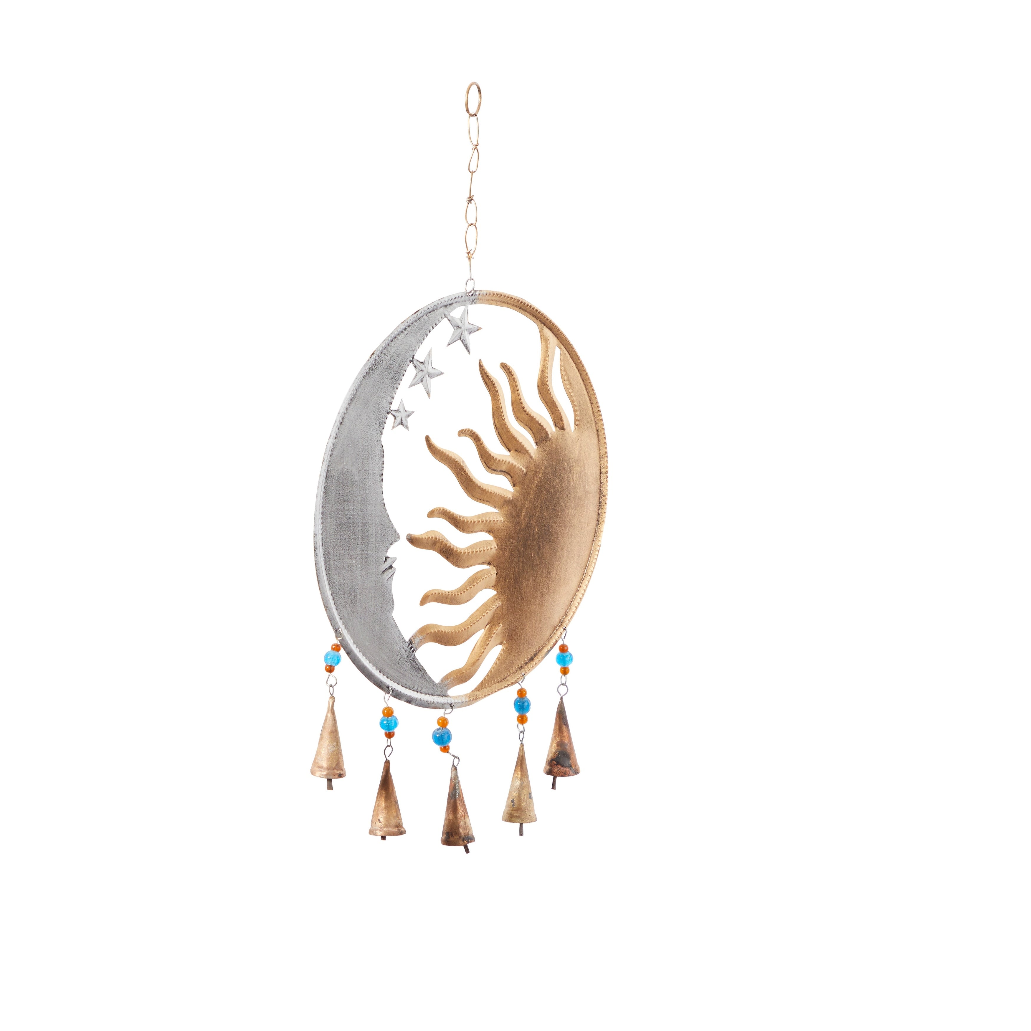 Gold Metal Moon and Sun Windchime with Glass Beads and Cone Bells - 15 x 1 x 19